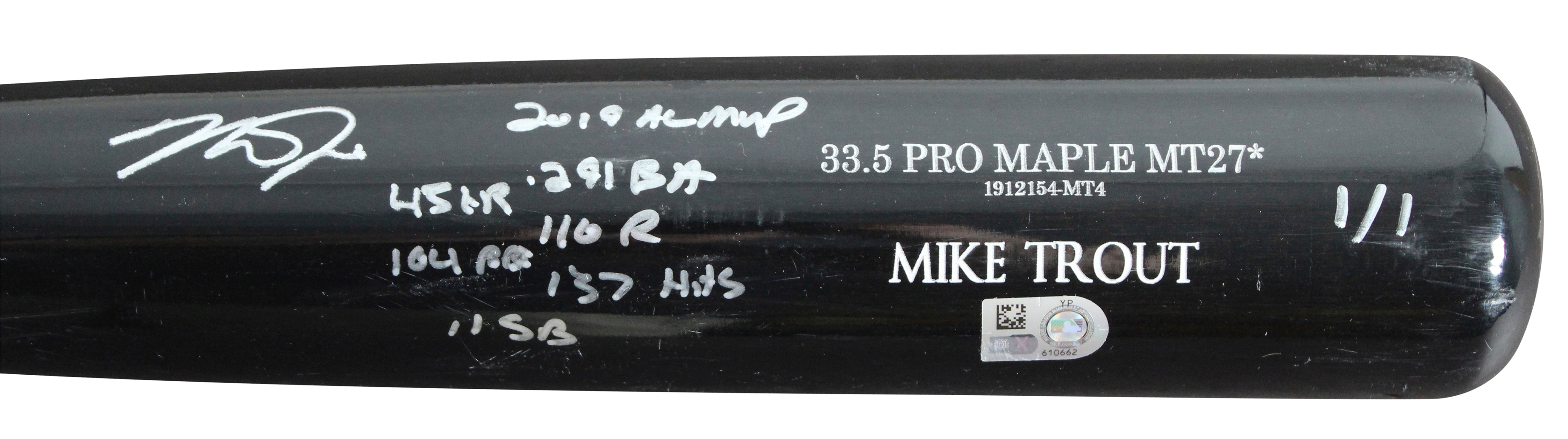 Mike Trout "2019 Stat" Signed Game Ready Old Hickory Pro Maple MT27* 1/1 Bat BAS