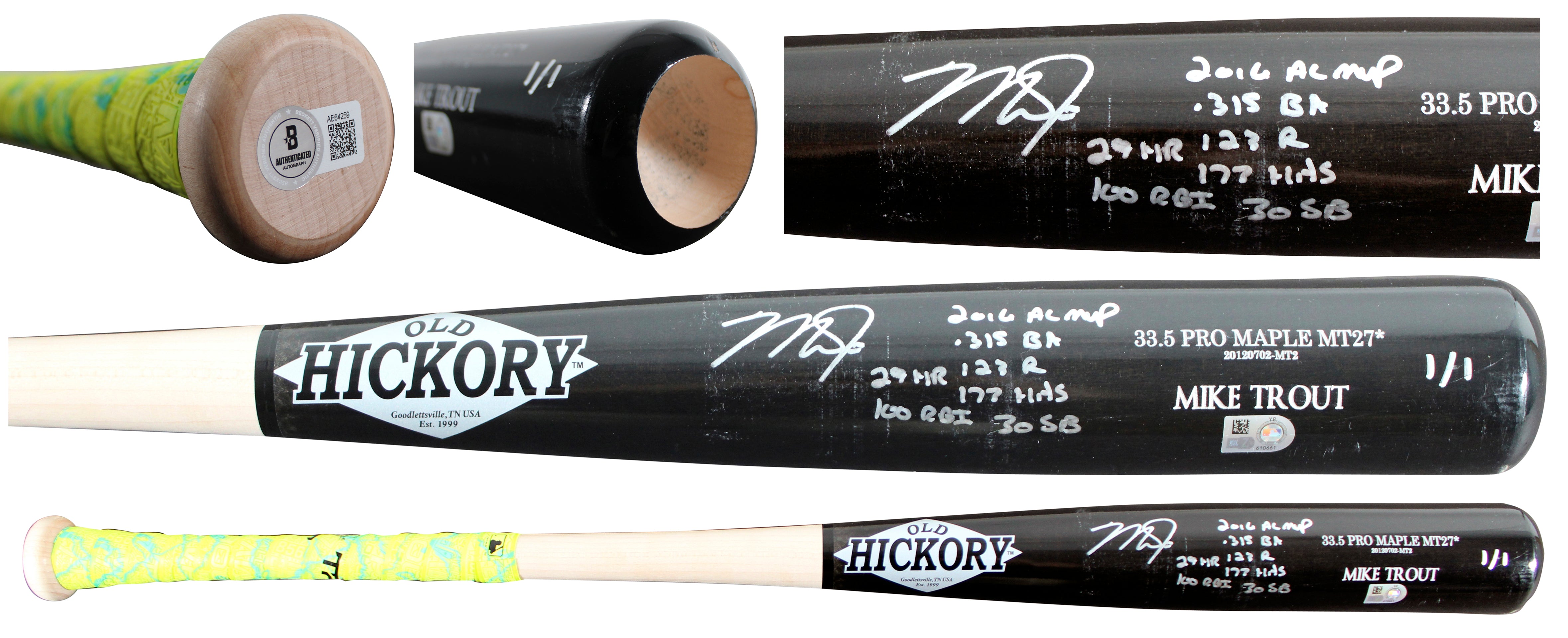 Mike Trout "2016 Stat" Signed Game Ready Old Hickory Pro Maple MT27* 1/1 Bat BAS
