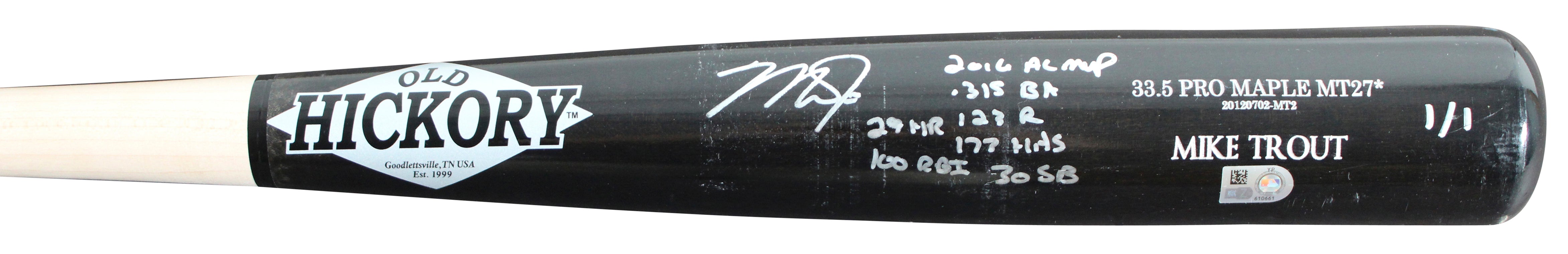 Mike Trout "2016 Stat" Signed Game Ready Old Hickory Pro Maple MT27* 1/1 Bat BAS