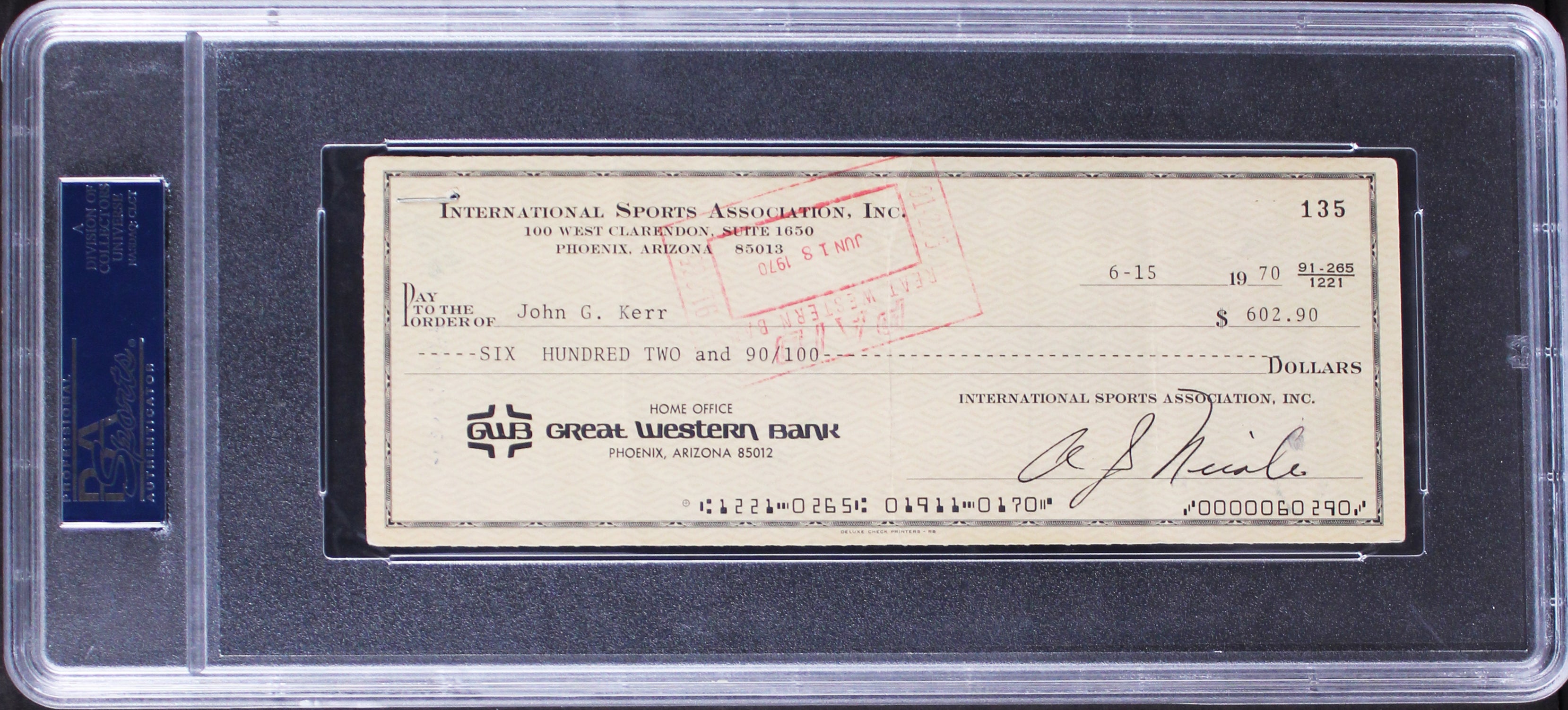 76ers Johnny Red Kerr Signed 3x8.25 Check Dated 6/15/1970 PSA/DNA Slabbed