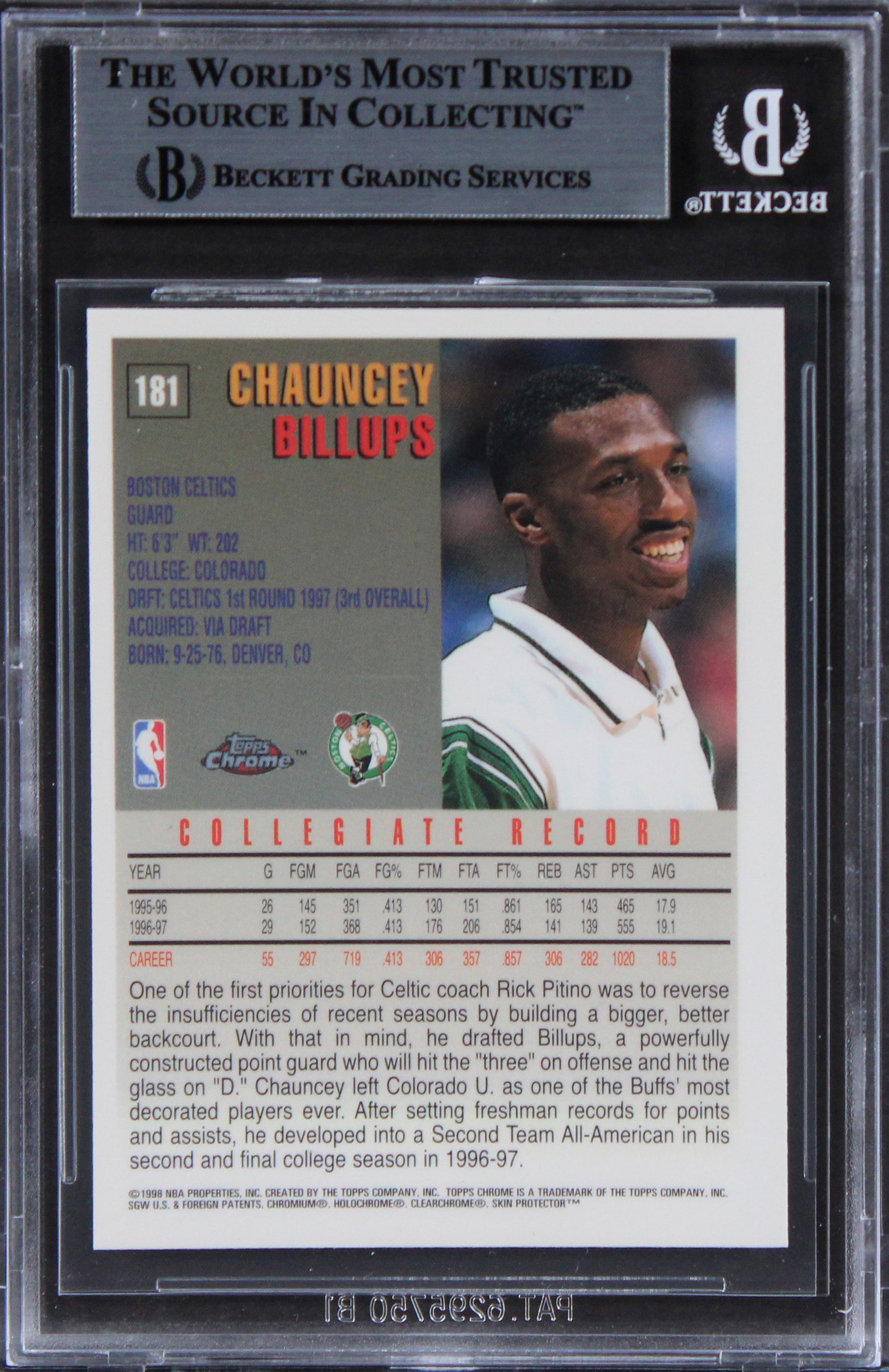 Celtics Chauncey Billups Authentic Signed 1997 Topps Chrome #181 Card BAS Slab