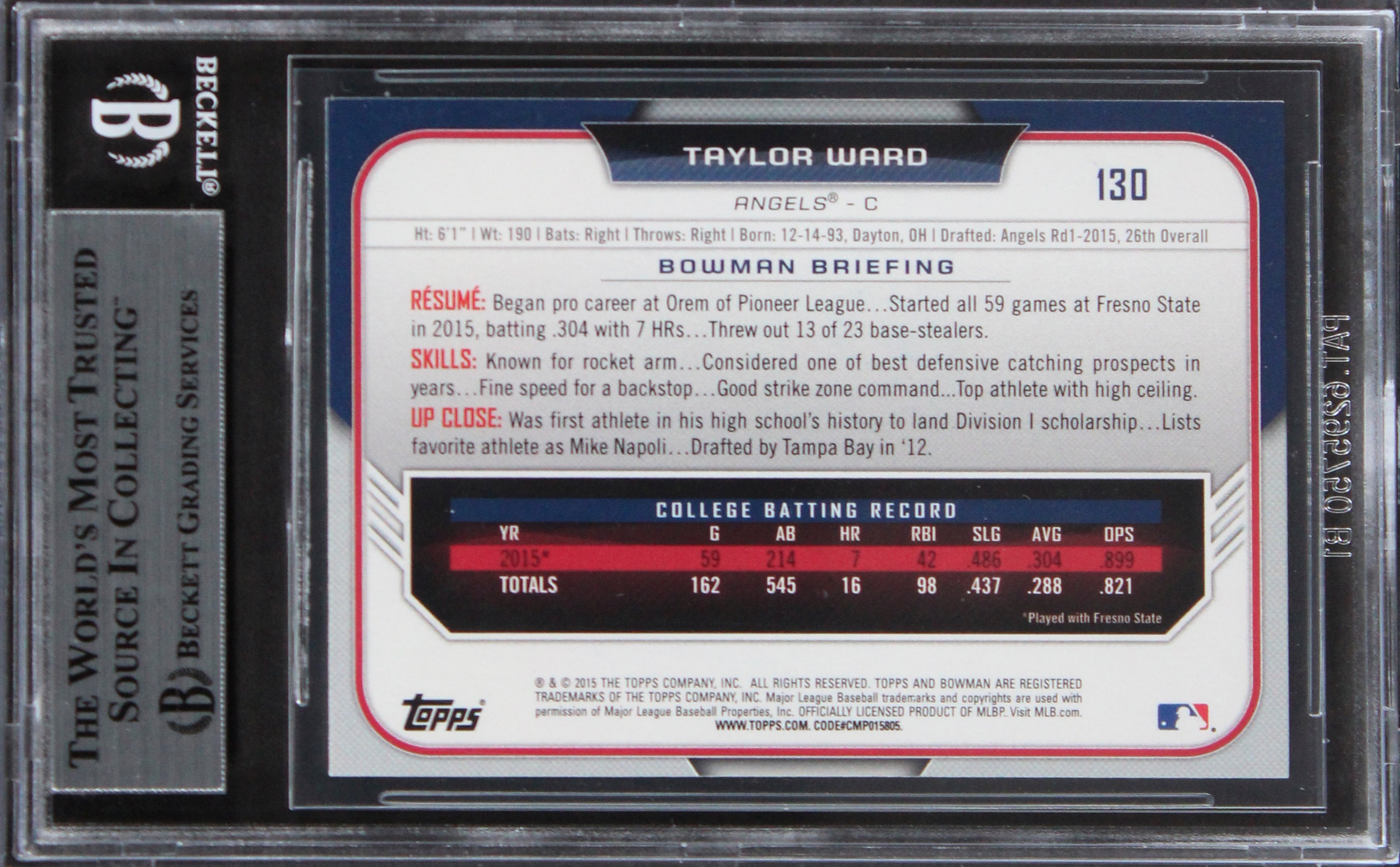 Angels Taylor Ward Authentic Signed 2015 Bowman Draft #130 RC Card BAS Slabbed