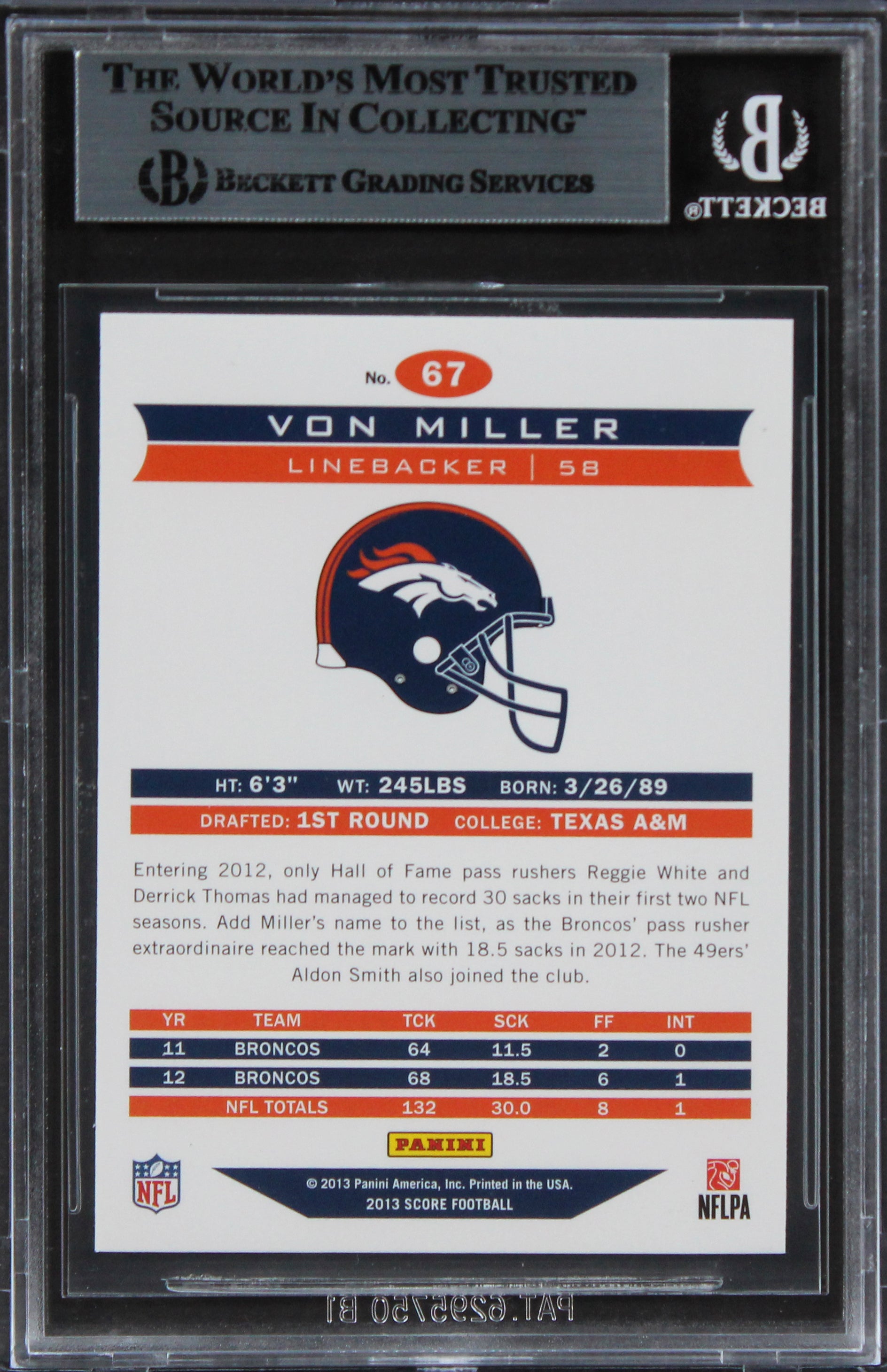 Broncos Von Miller Authentic Signed 2013 Score #67 Card Autographed BAS Slabbed