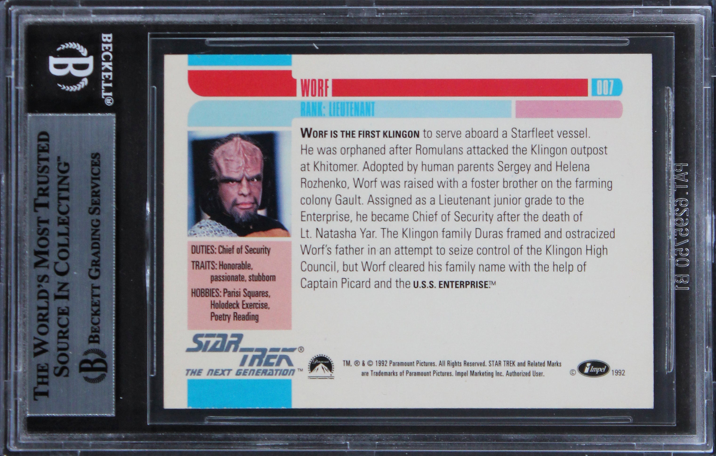 Michael Dorn Signed 1992 Skybox Star Trek The Next Generation #7 Card BAS Slab