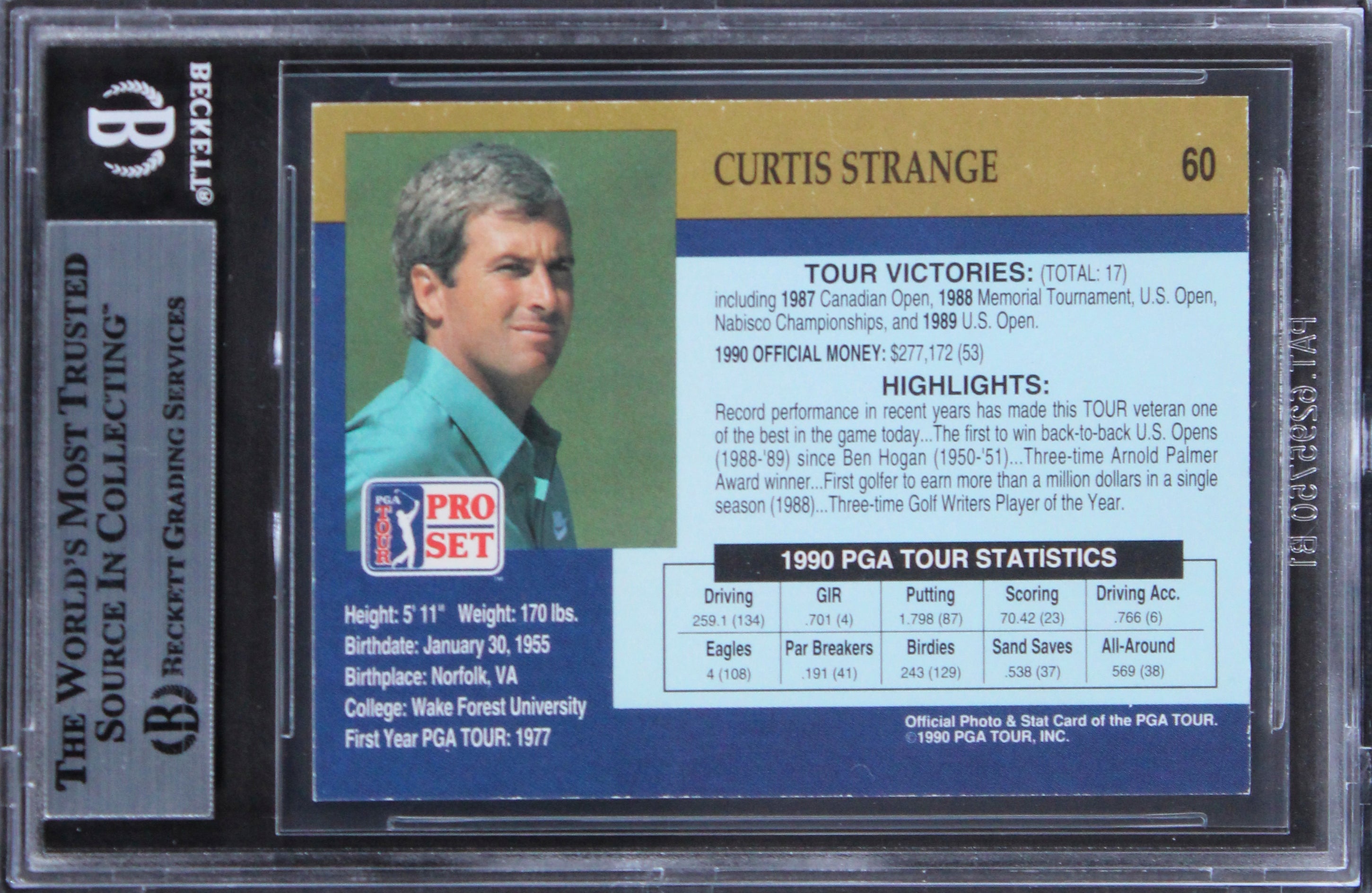 Curtis Strange Authentic Signed 1990 Pro Set #60 Card Autographed BAS Slabbed