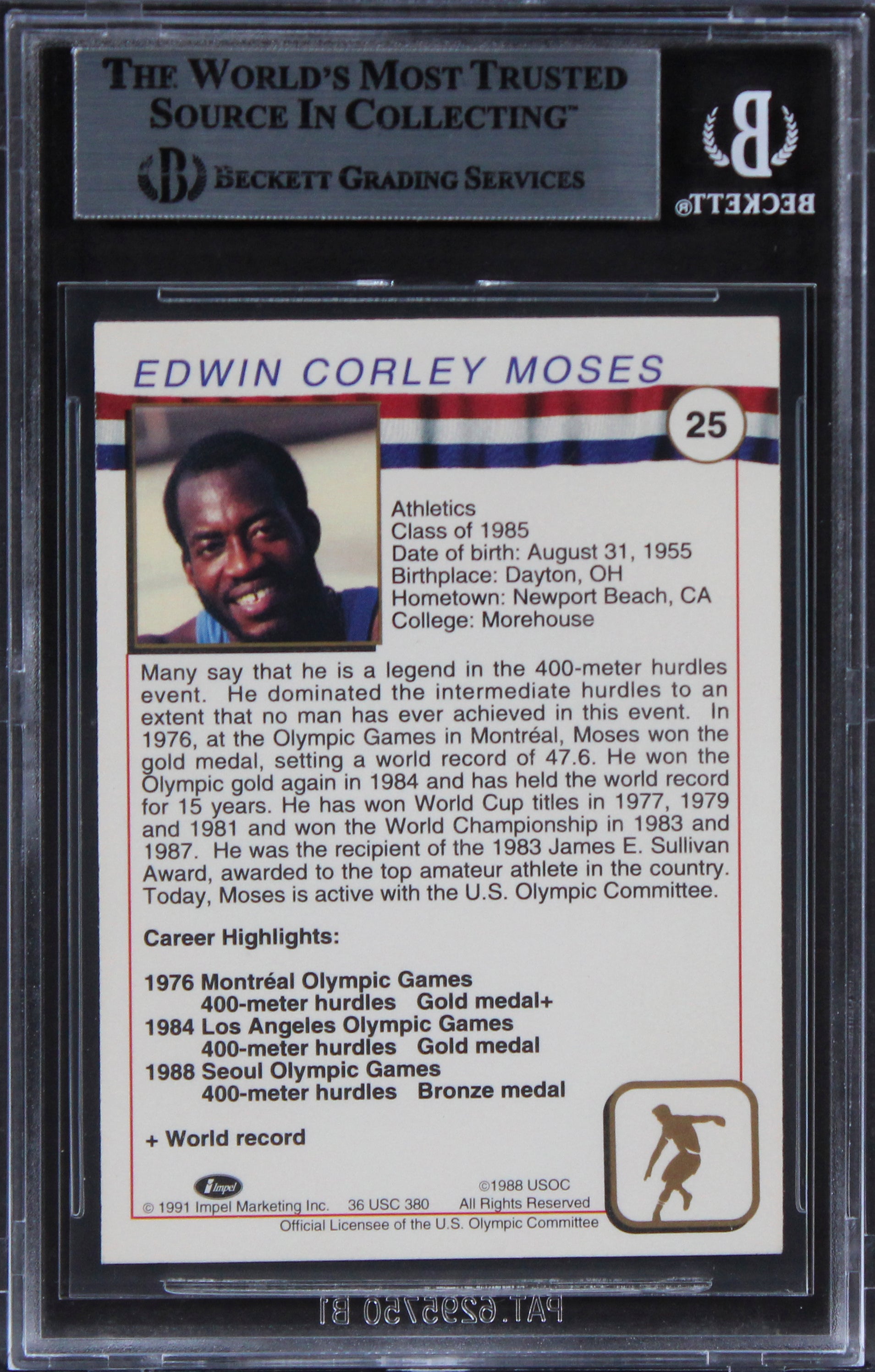 Edwin Moses "400, 47.02" Signed 1991 Impel U.S. Olympic HOF #25 Card BAS Slab