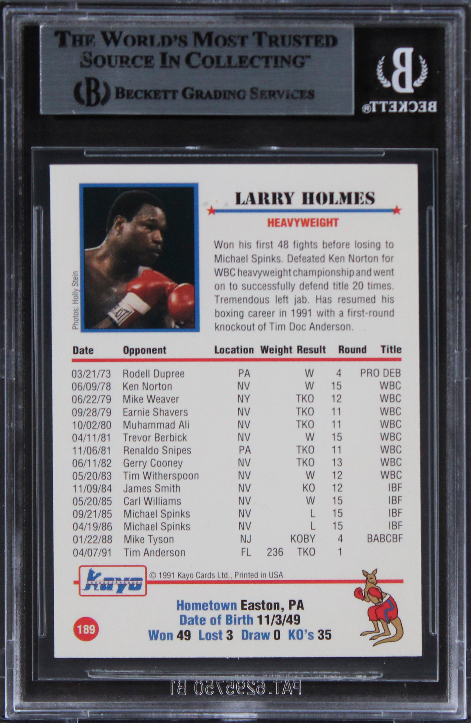 Larry Holmes Authentic Signed 1991 KAYO #189 Card Autographed BAS Slabbed