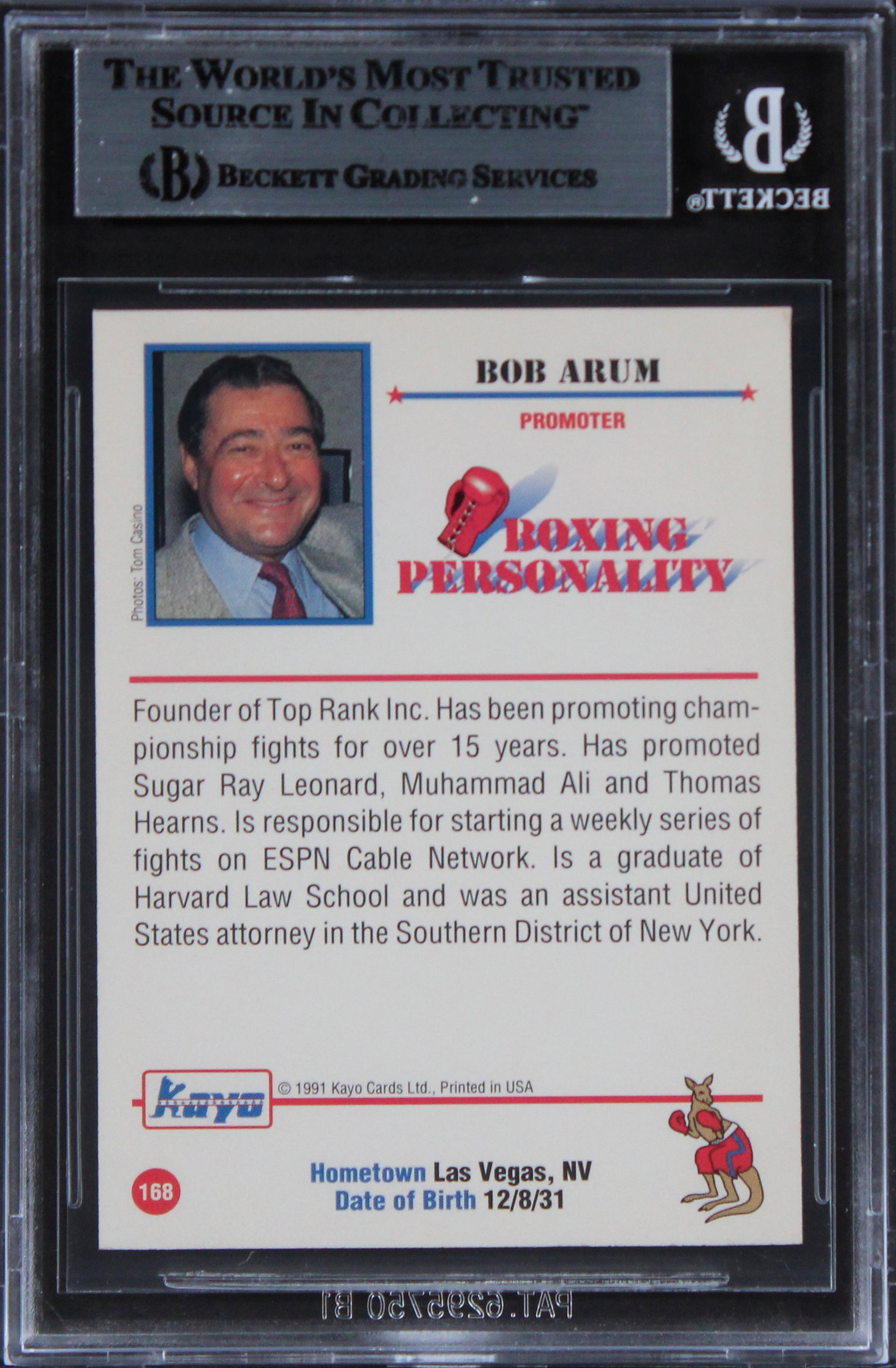 Bob Arum Boxing Promotor Authentic Signed 1991 KAYO #168 Card BAS Slabbed 1