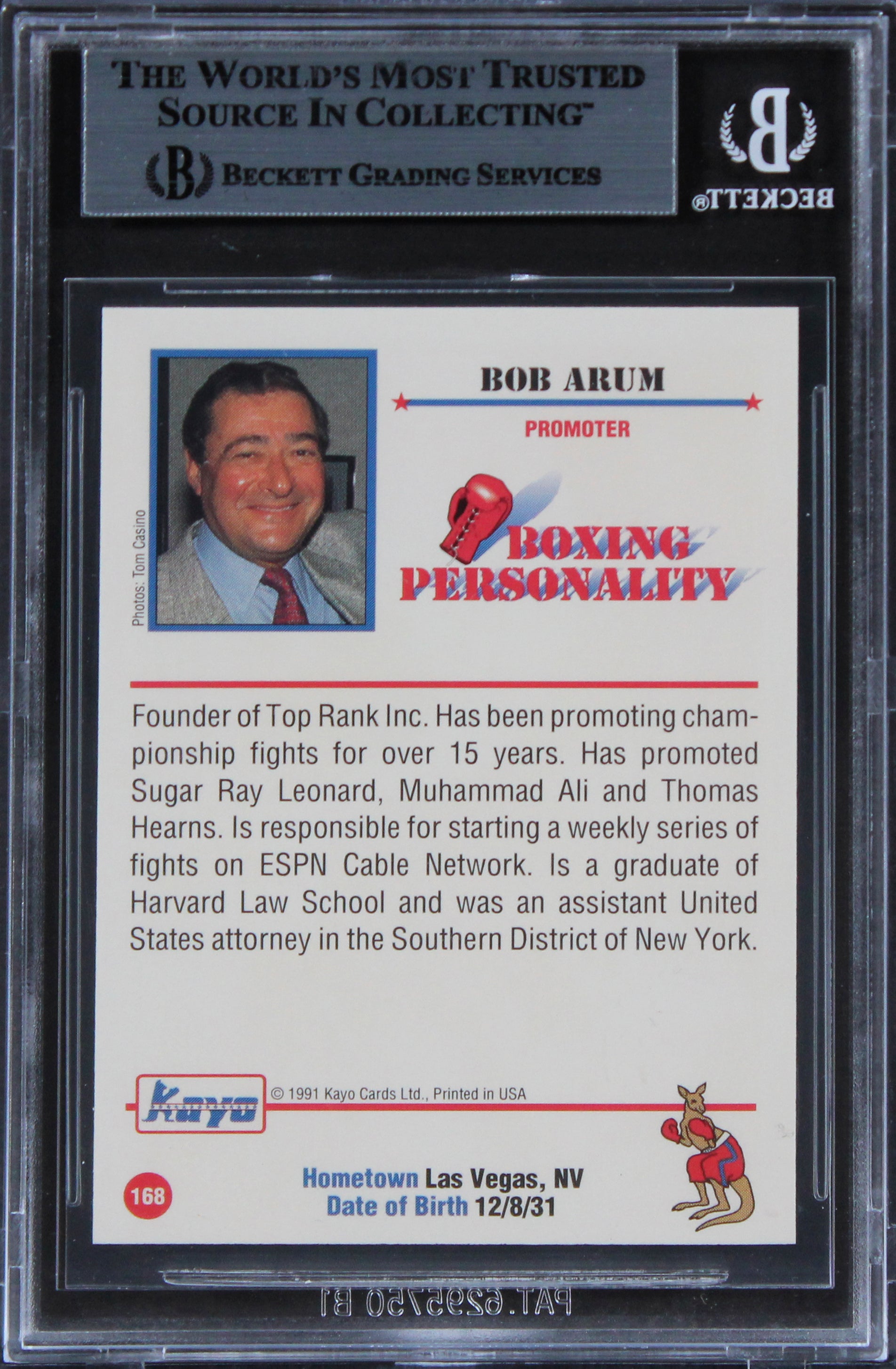 Bob Arum Boxing Promotor Authentic Signed 1991 KAYO #168 Card BAS Slabbed 2