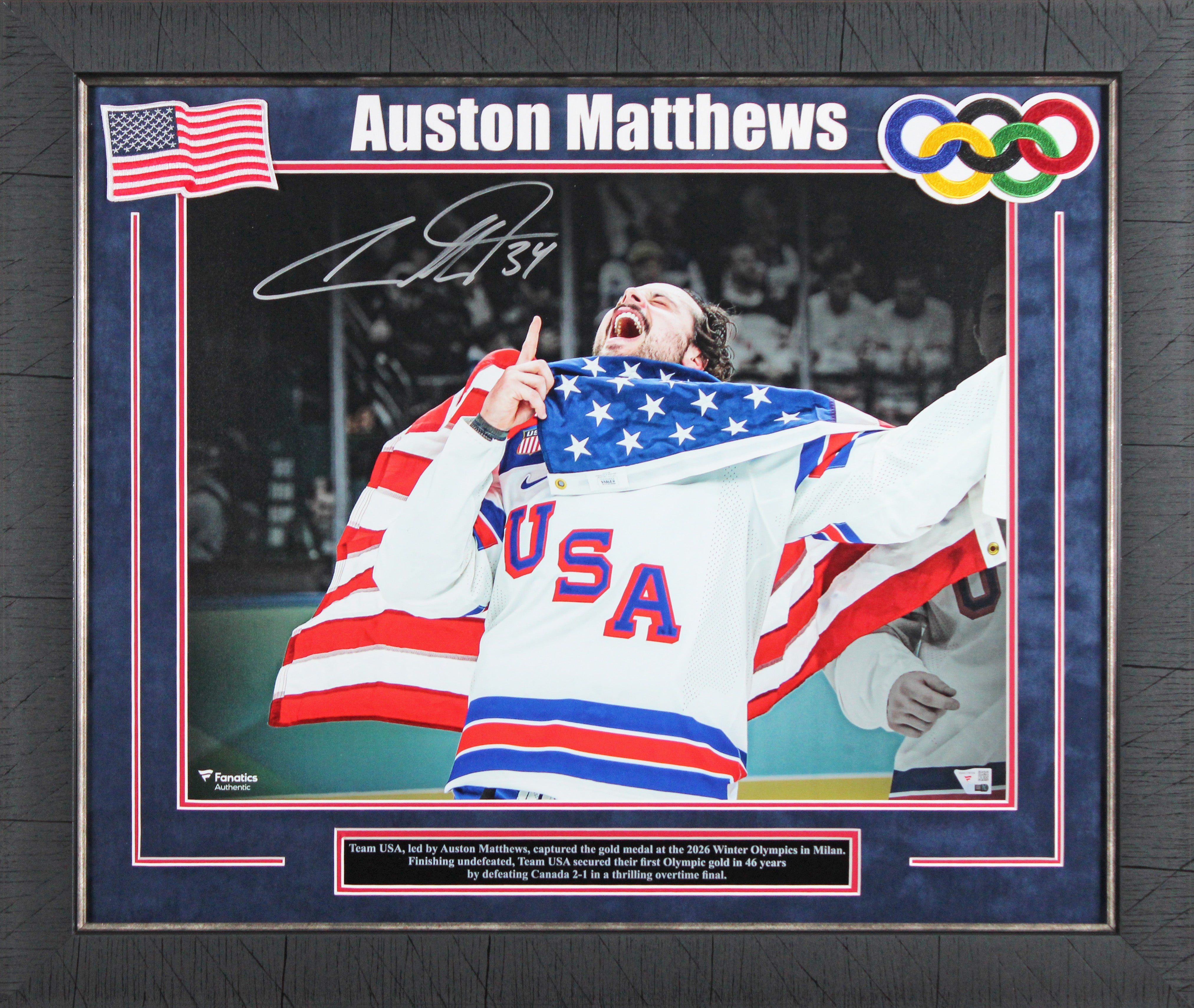Auston Matthews Team USA Signed 16x20 Horizontal Gold Medal Framed Photo Fanatic