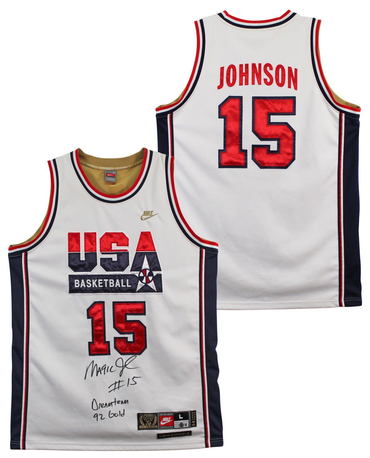 Magic Johnson "#15 Dream Team 92 Gold" Signed White Nike Team USA Jersey BAS W