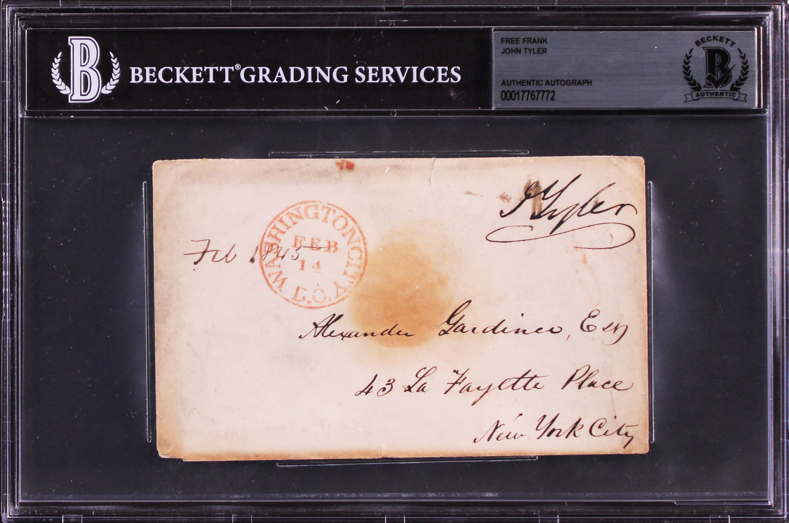 John Tyler Signed 3.35x5.65 1845 Free Frank Envelope Autographed BAS Slabbed