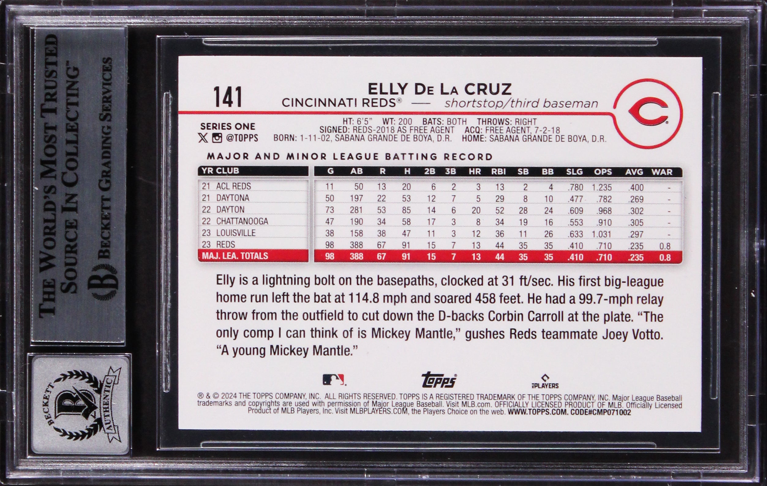 Reds Elly De La Cruz Signed 2024 Topps #141 Rookie Card Auto 10! BAS Slabbed