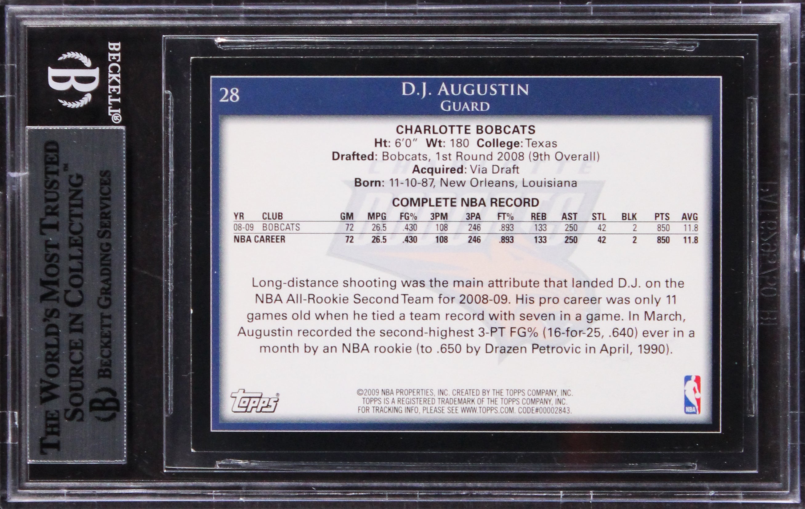 Bobcats D.J. Augustin Authentic Signed 2009 Topps #28 Card Autographed BAS Slab