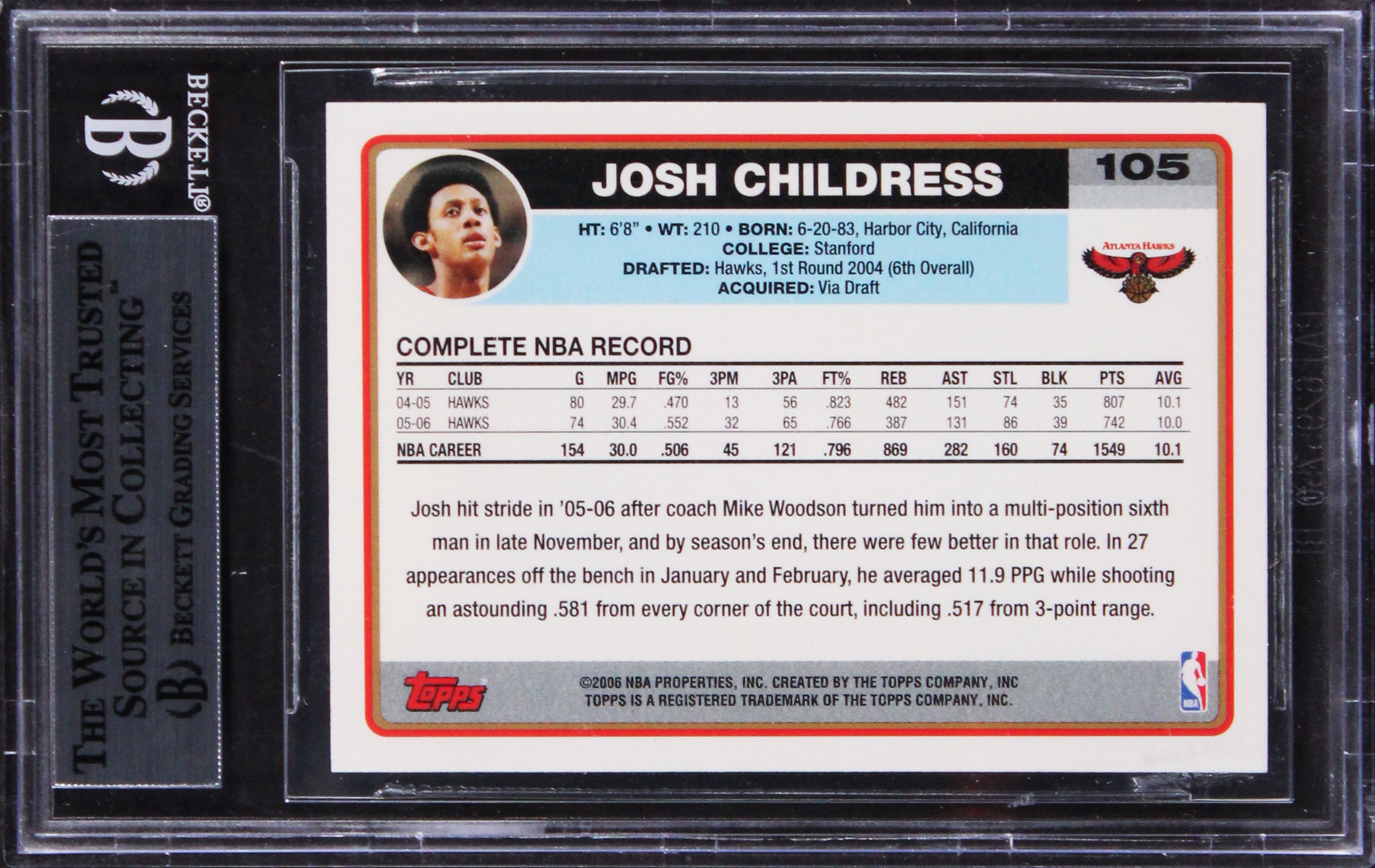 Hawks Josh Childress Authentic Signed 2006 Topps #105 Card Autographed BAS Slab