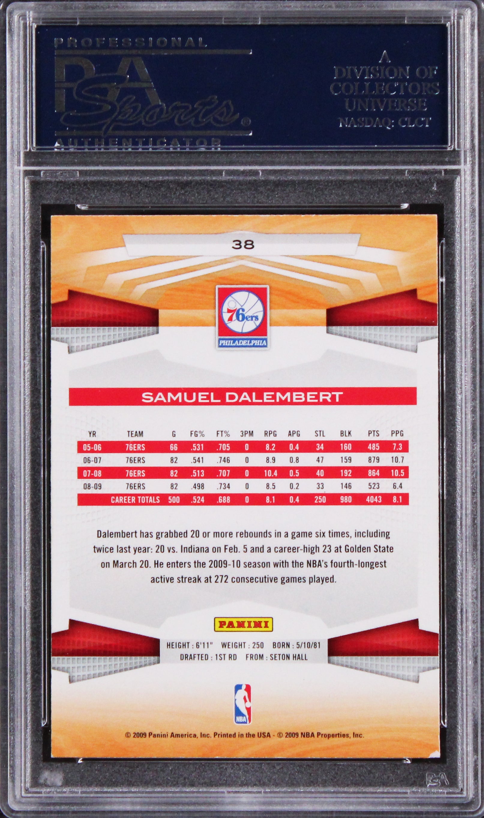 76ers Samuel Dalembert Authentic Signed 2009 Panini #38 Card PSA/DNA Slab