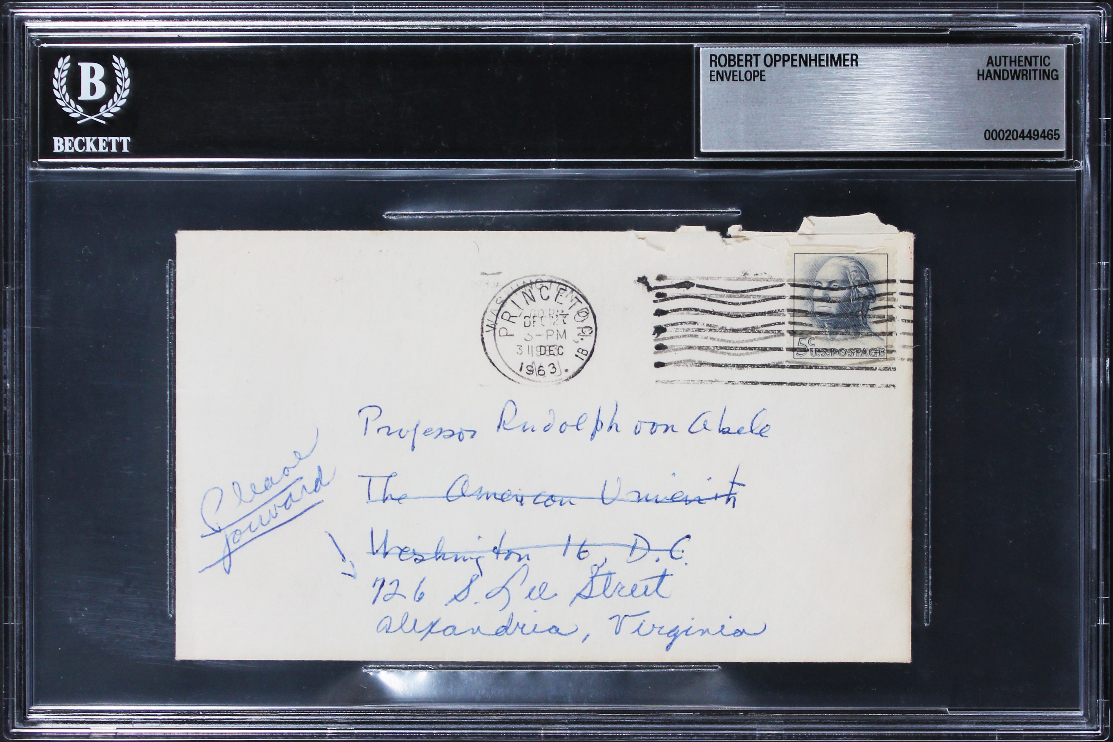 Robert Oppenheimer Authentic 3.5x6 1963 Envelope Handwriting Sample BAS Slabbed