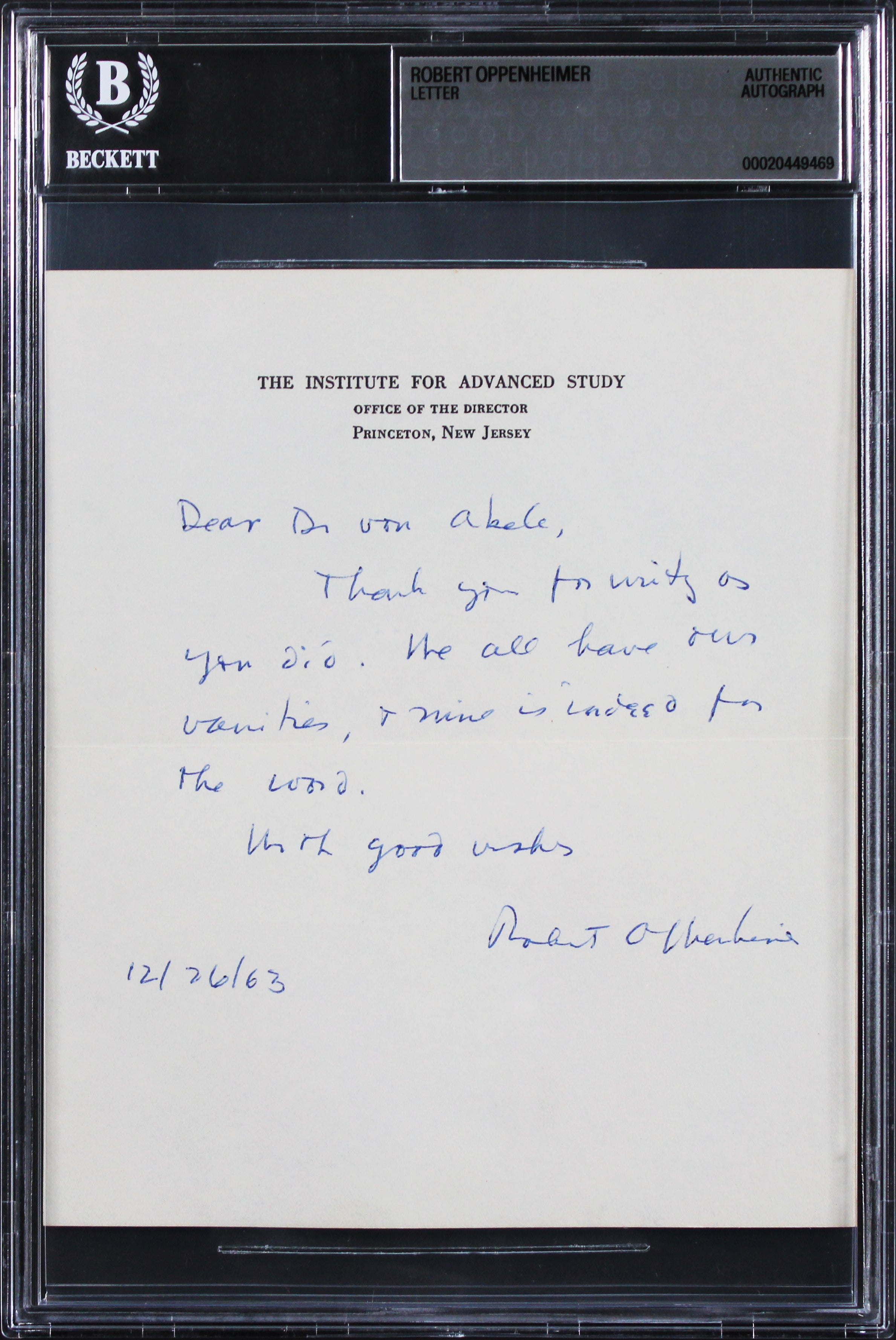 Robert Oppenheimer Signed 5.5x6.5 12/26/1963 Handwritten Letter BAS Slabbed