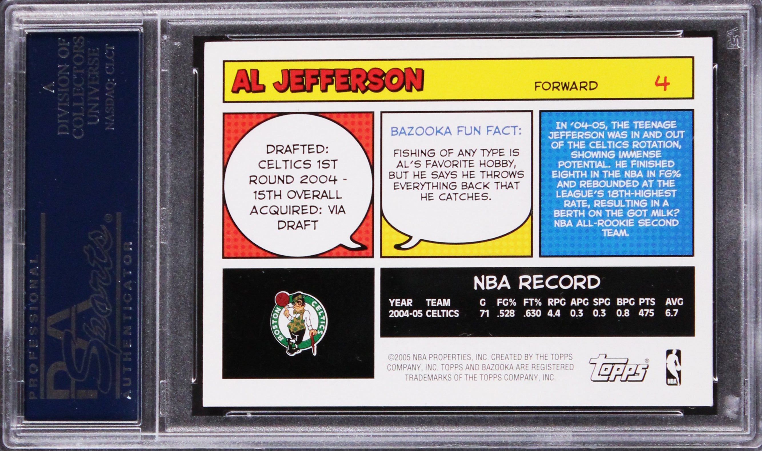 Celtics Al Jefferson Authentic Signed 2005 Bazooka #4 Card Autographed PSA Slab