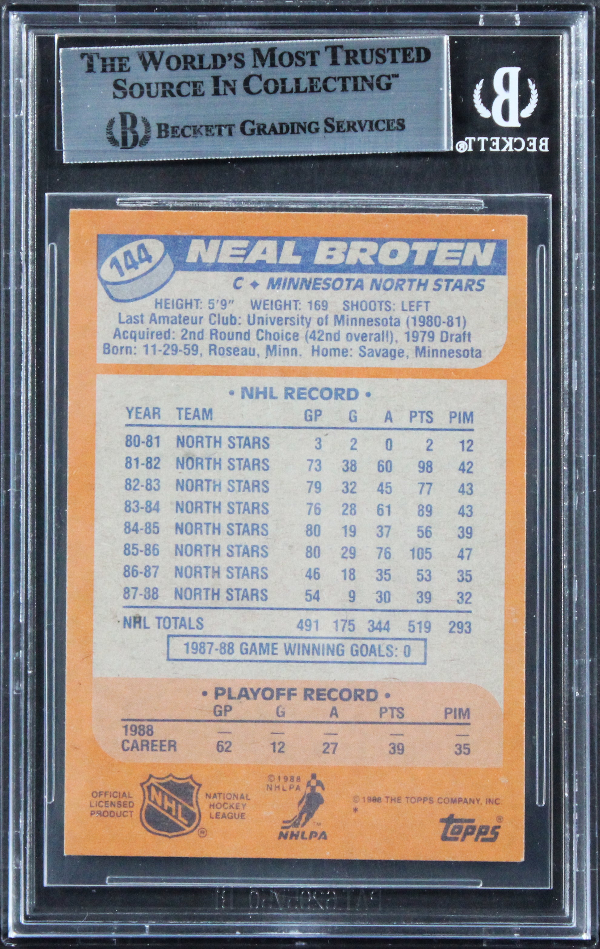 North Stars Neal Broten Authentic Signed 1988 Topps #144 Card BAS Slabbed