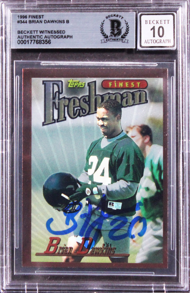 Eagles Brian Dawkins Signed 1996 Topps Finest #344 RC Card Auto 10! BAS Slabbed