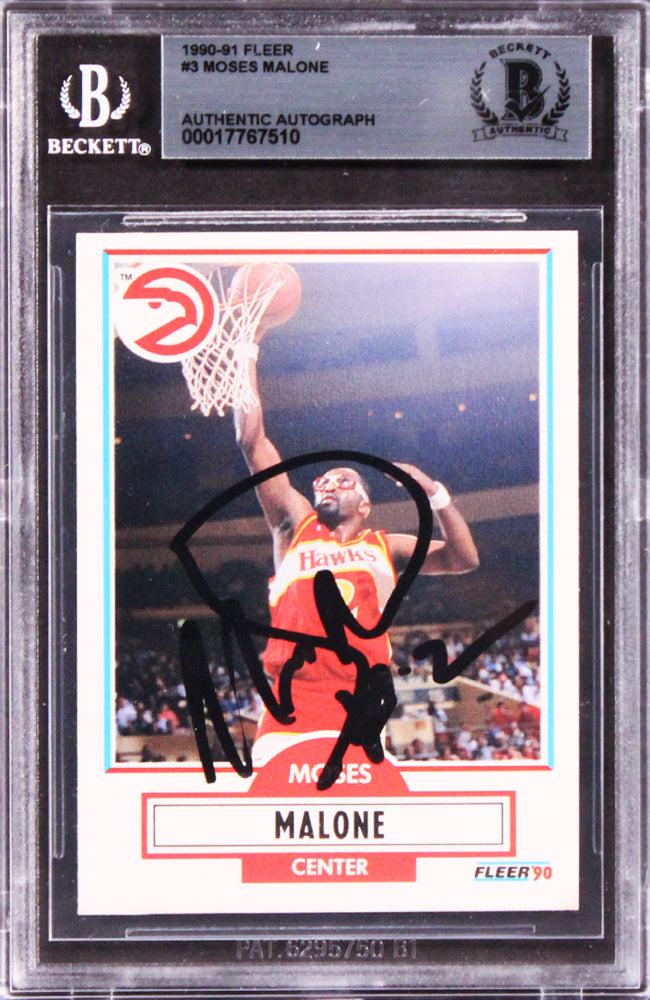 Hawks Moses Malone Authentic Signed 1990 Fleer #3 Card Autographed BAS Slabbed