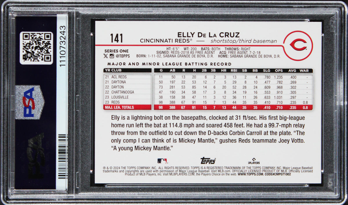 Reds Elly De La Cruz Signed 2024 Topps #141 RC Card Mint 9! Auto 10 PSA/DNA Slab