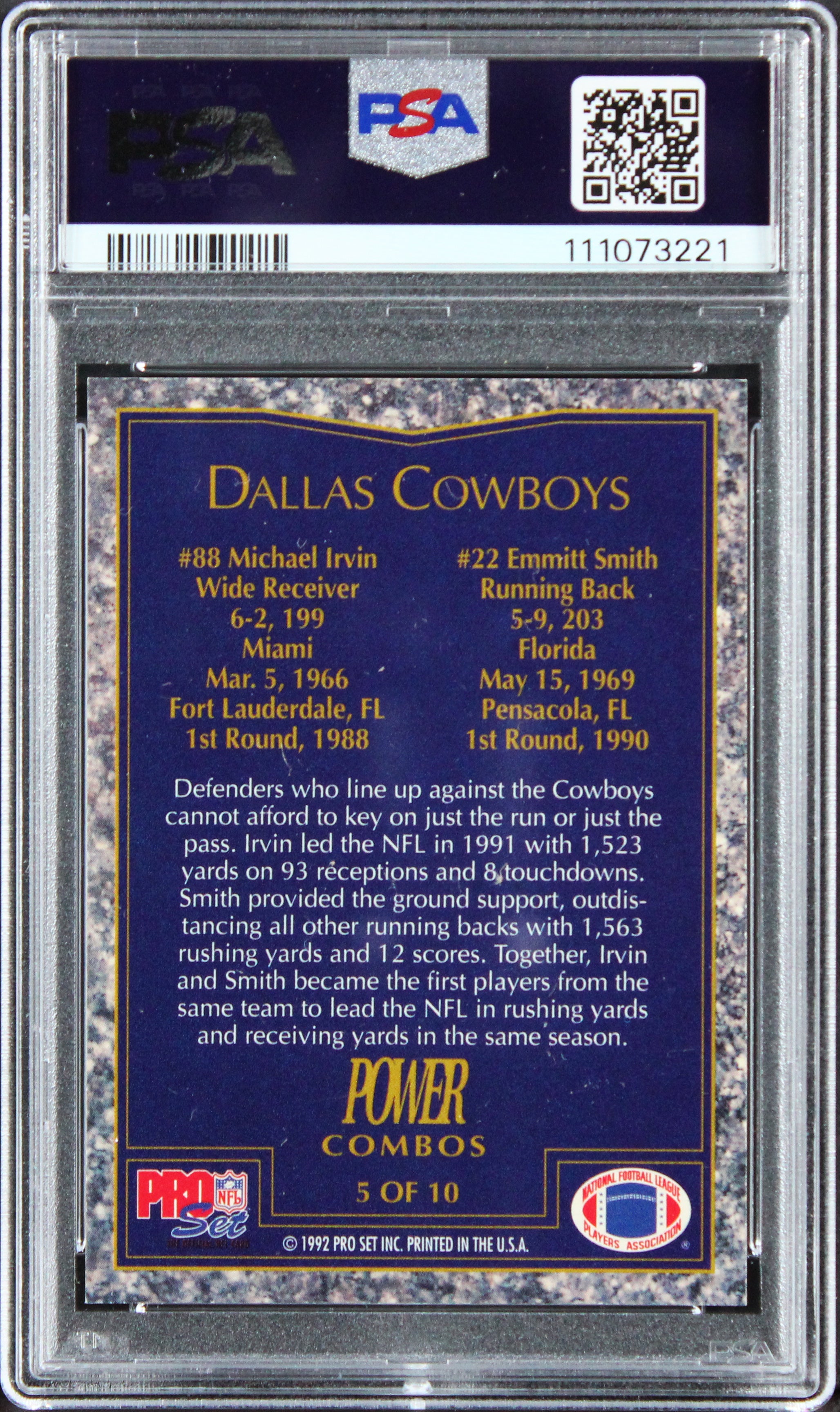 Emmitt Smith & Michael Irvin Signed 1992 Pro Set #5 PC Card 9! Auto 10! PSA Slab