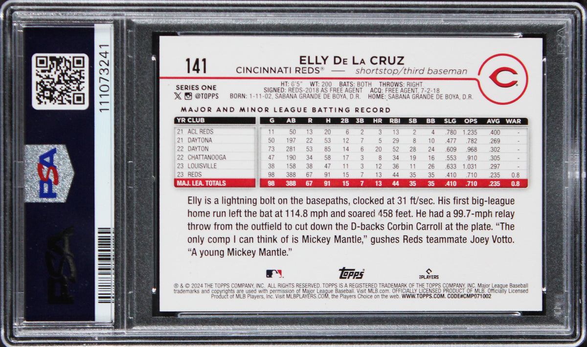 Reds Elly De La Cruz Signed 2024 Topps #141 Rookie Card Auto 10! PSA/DNA Slabbed