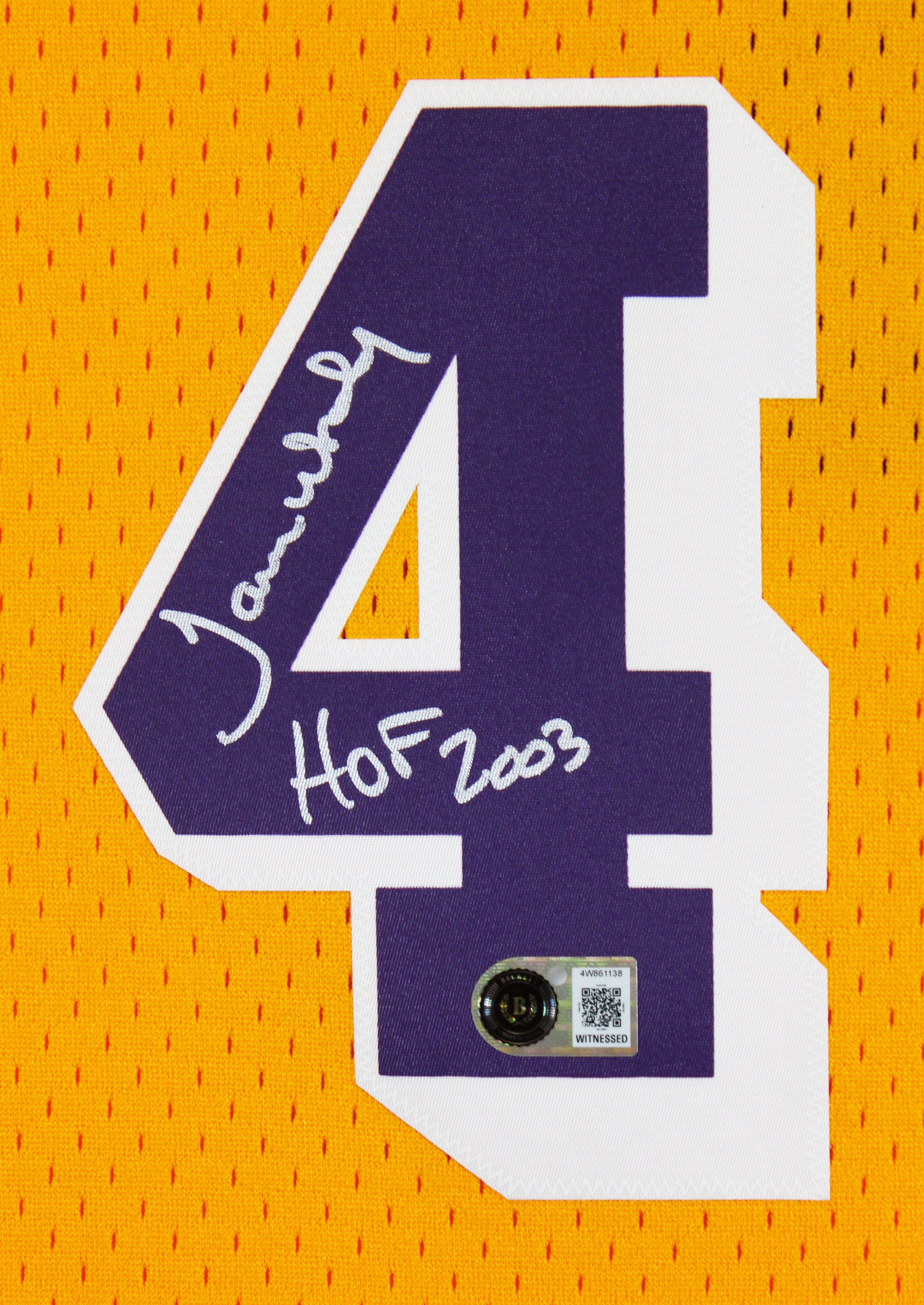 Lakers James Worthy "HOF 2003" Signed Yellow M&N HWC Swingman Jersey BAS Wit