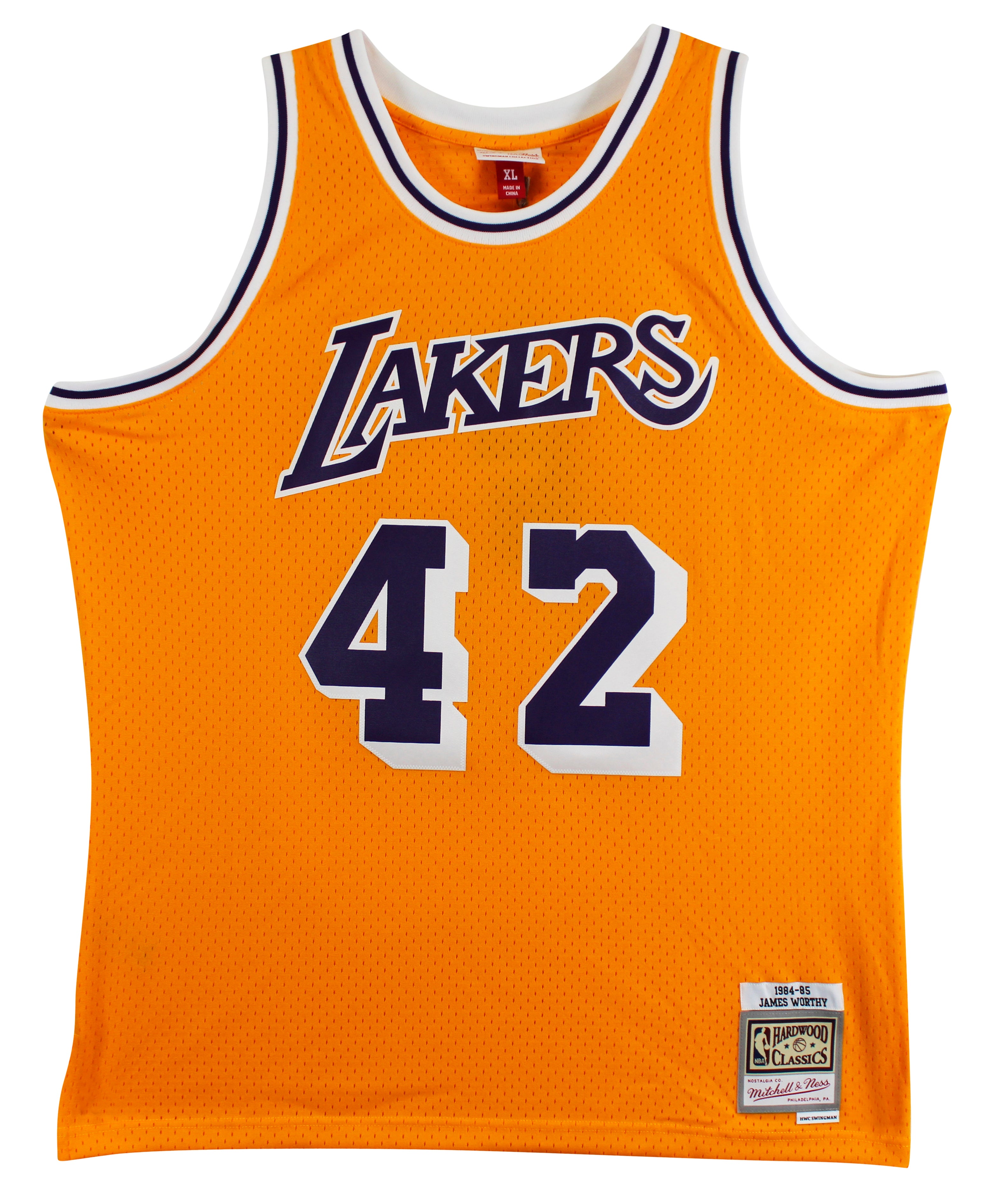 Lakers James Worthy "HOF 2003" Signed Yellow M&N HWC Swingman Jersey BAS Wit