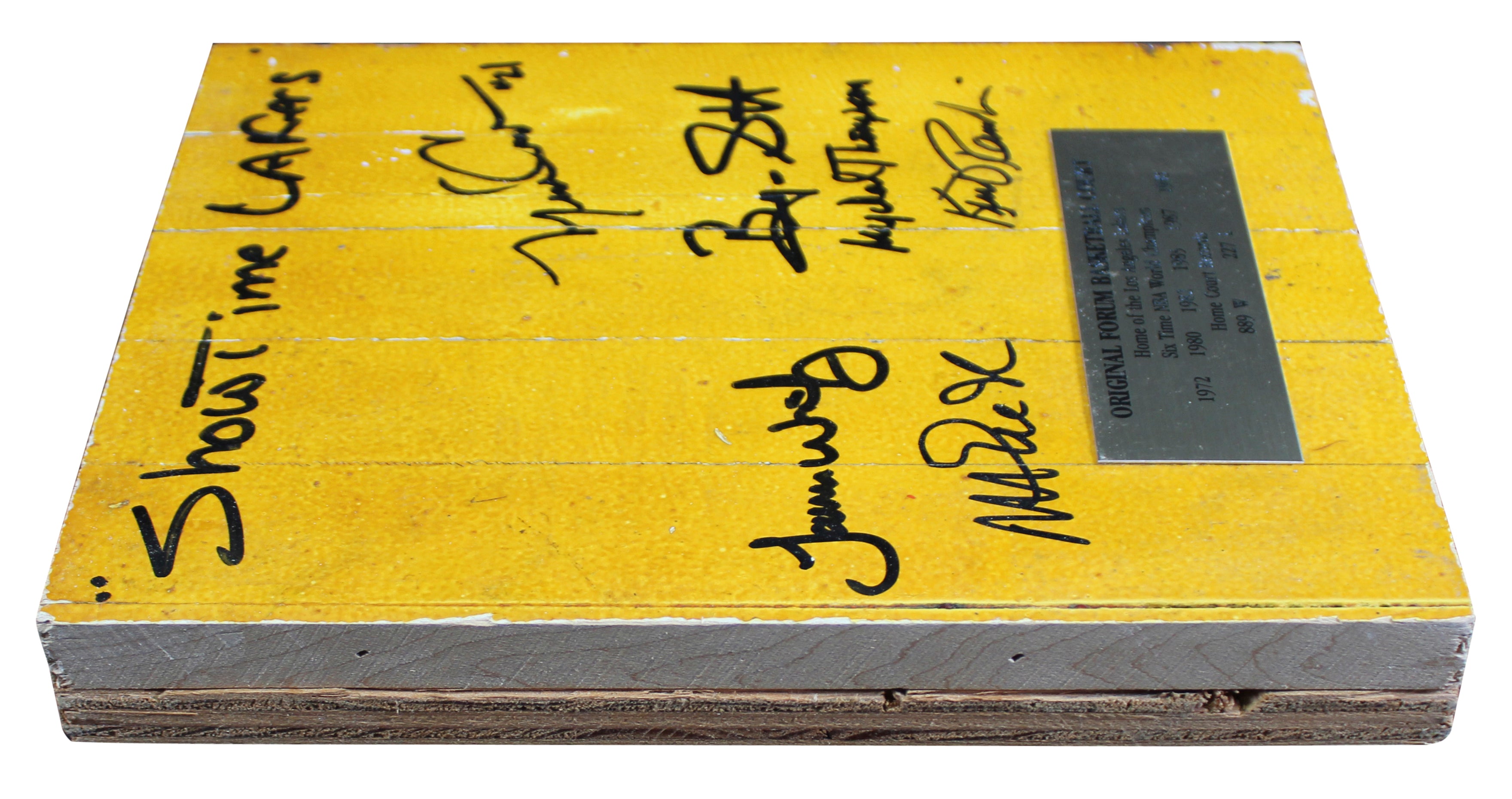 Showtime Lakers (5) Johnson, Worthy, Scott +3 Signed 8x10 Forum Floorboard BAS W