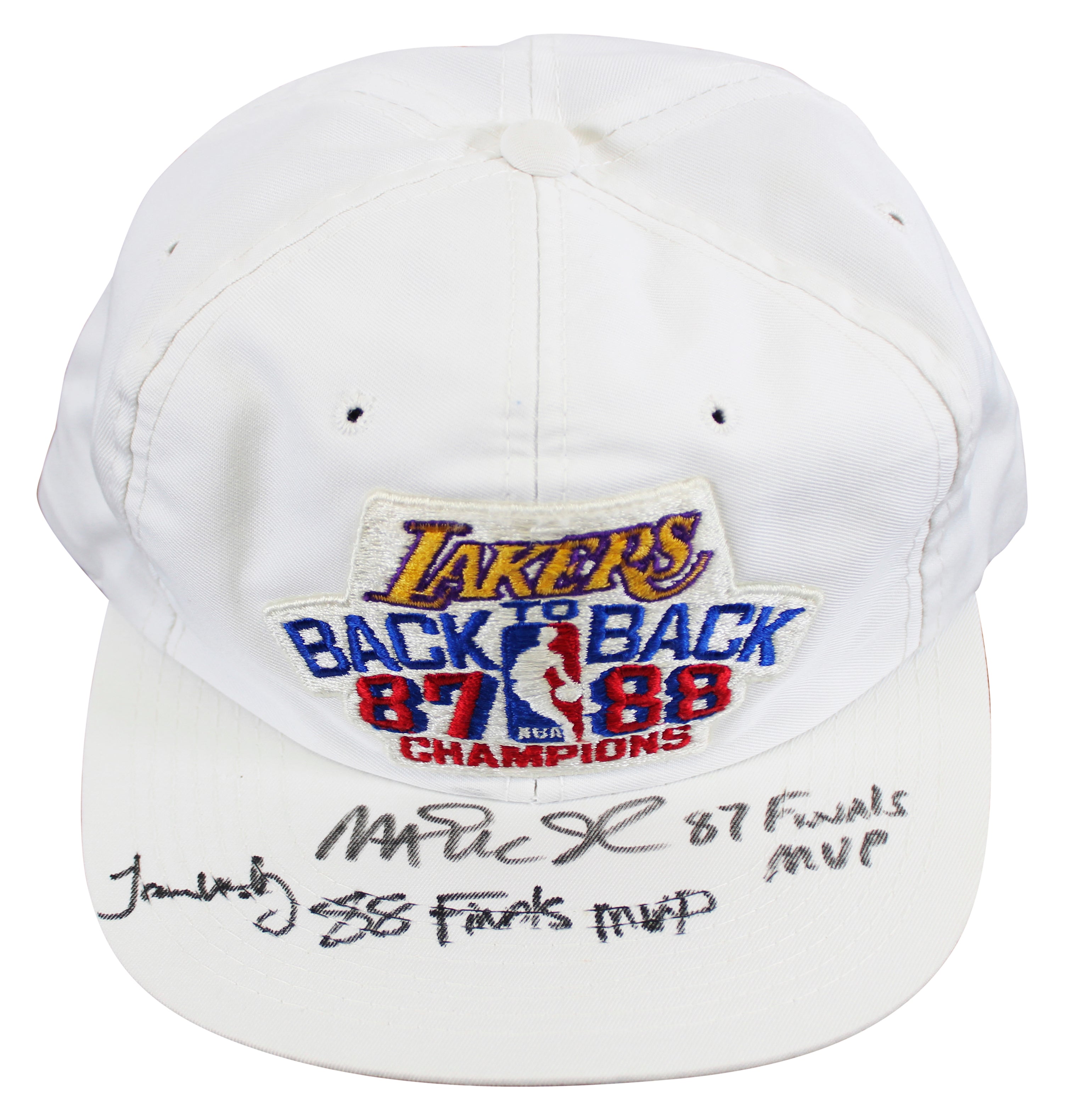 Magic Johnson & James Worthy "Finals MVP" Signed 1987-88 NBA Champions Hat BAS 1