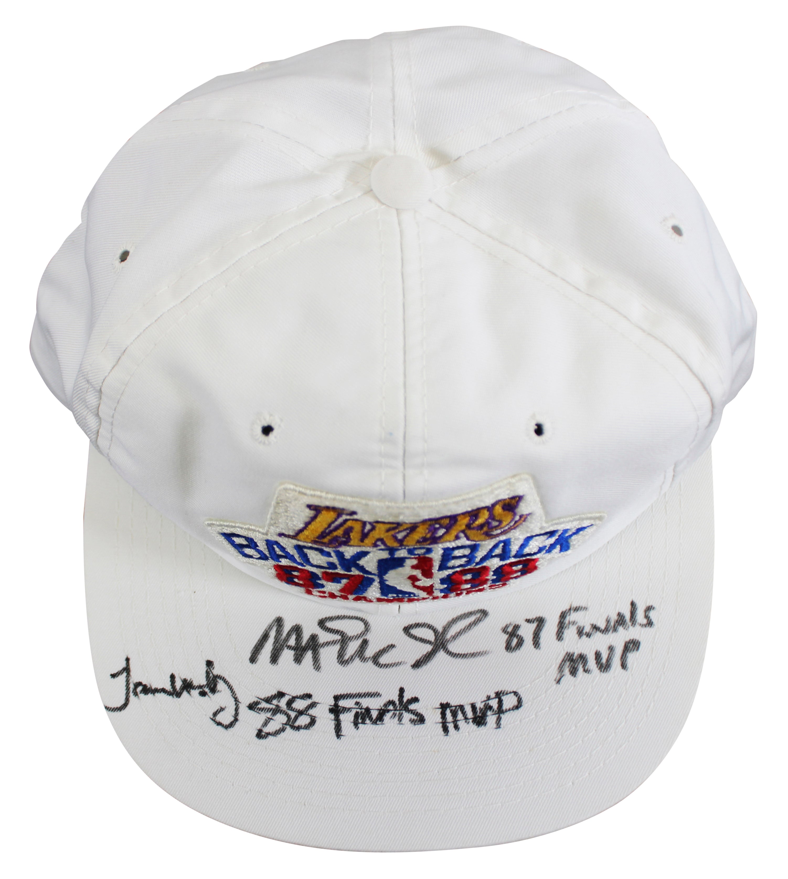 Magic Johnson & James Worthy "Finals MVP" Signed 1987-88 NBA Champions Hat BAS 1
