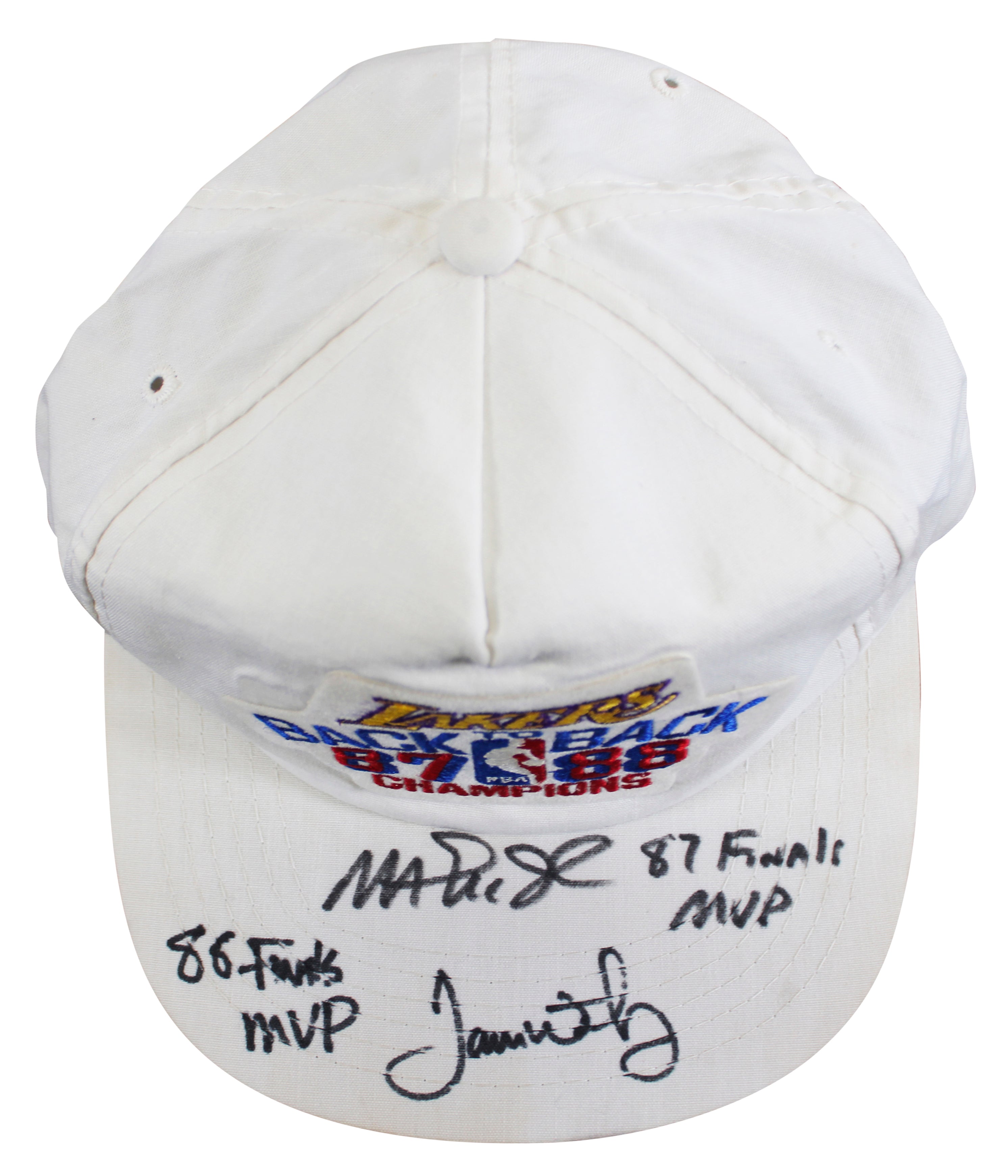 Magic Johnson & James Worthy "Finals MVP" Signed 1987-88 NBA Champions Hat BAS 2