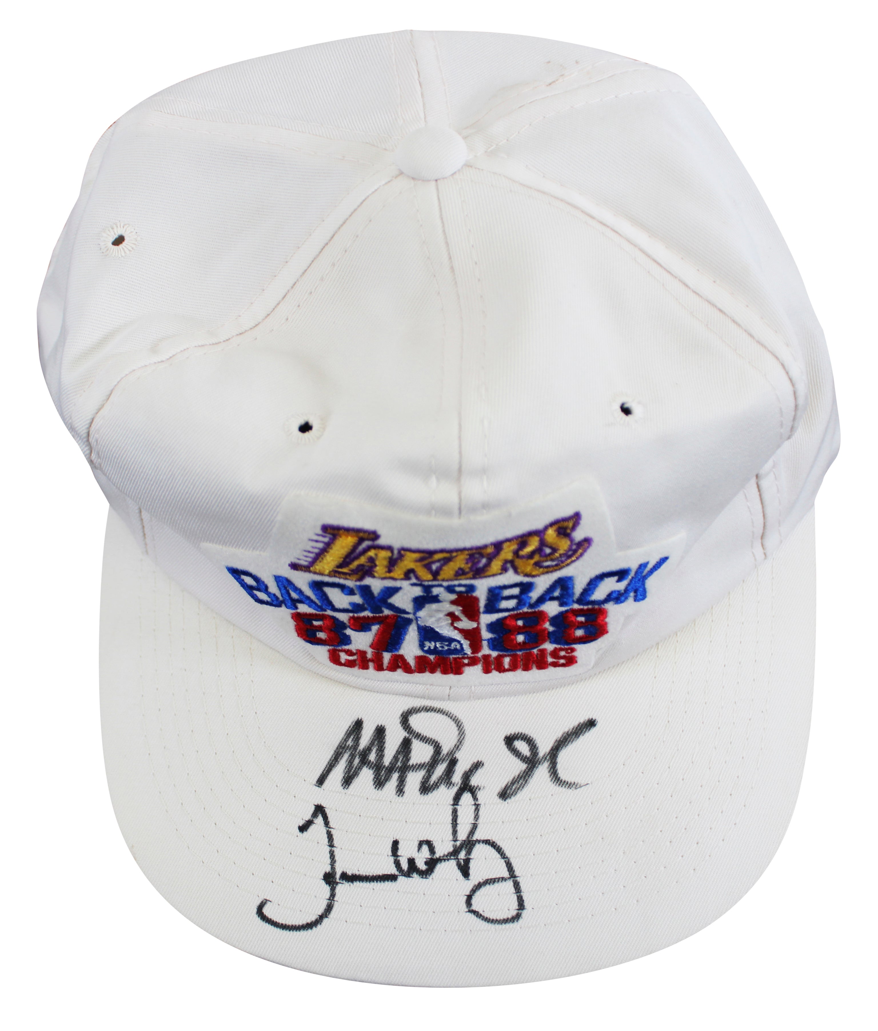 Lakers Magic Johnson & James Worthy Signed 1987-88 NBA Champs Hat BAS W #W426874
