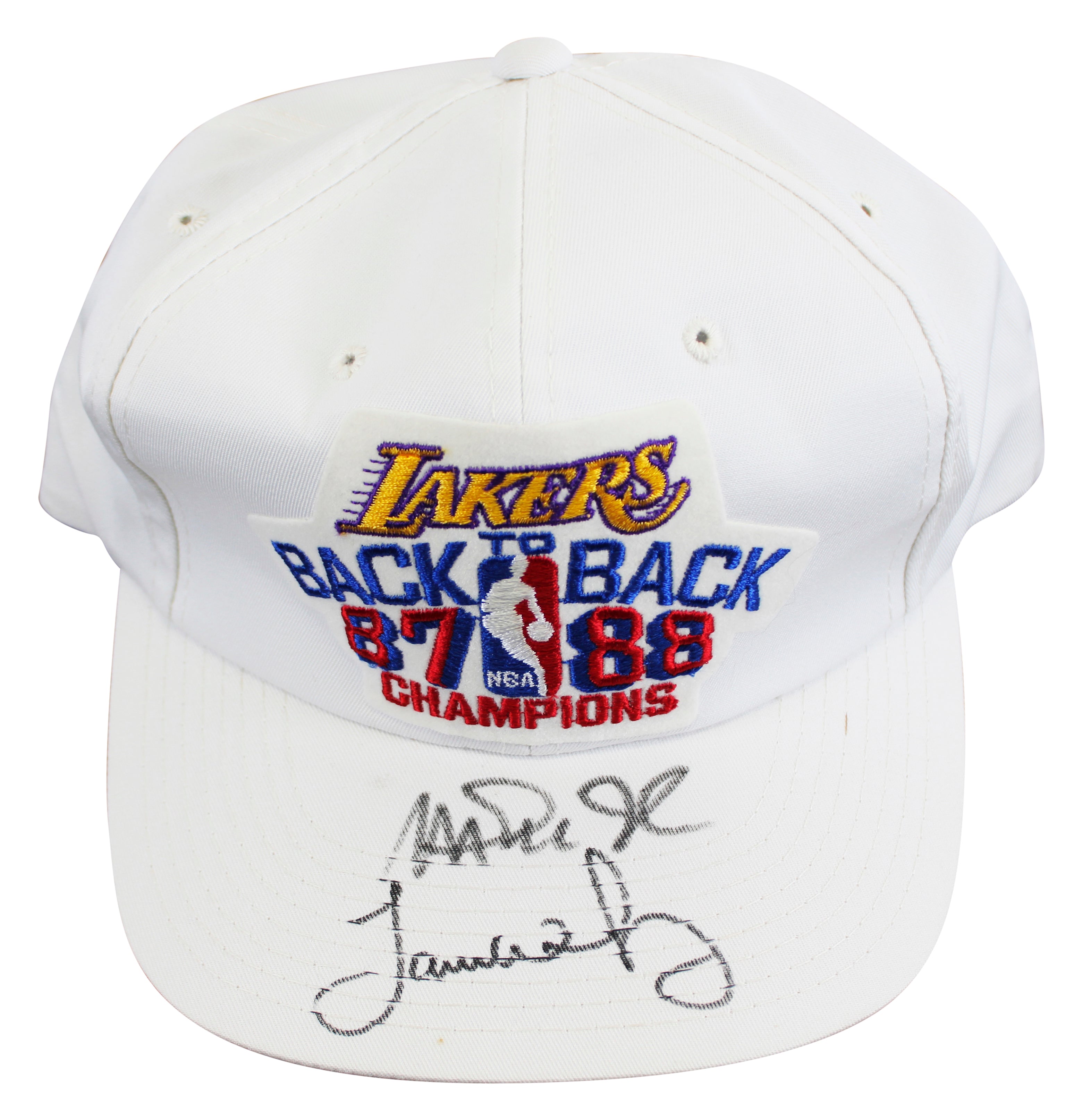 Lakers Magic Johnson & James Worthy Signed 1987-88 NBA Champs Hat BAS W #W426872