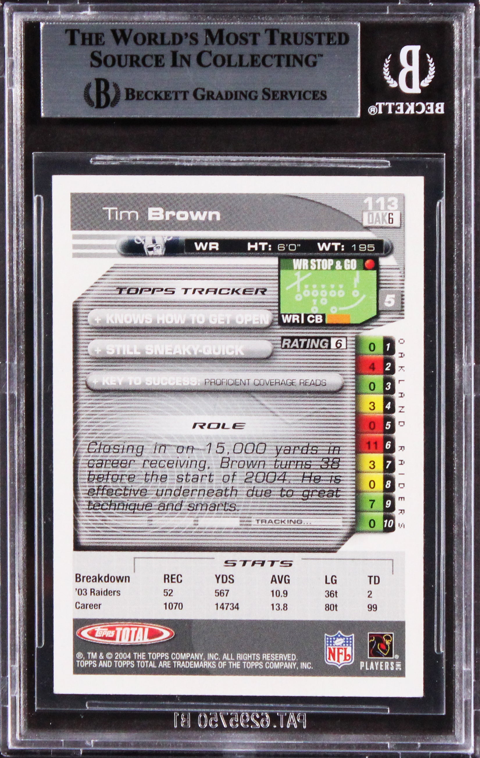 Raiders Tim Brown Authentic Signed 2004 Topps Total #113 Card BAS Slabbed