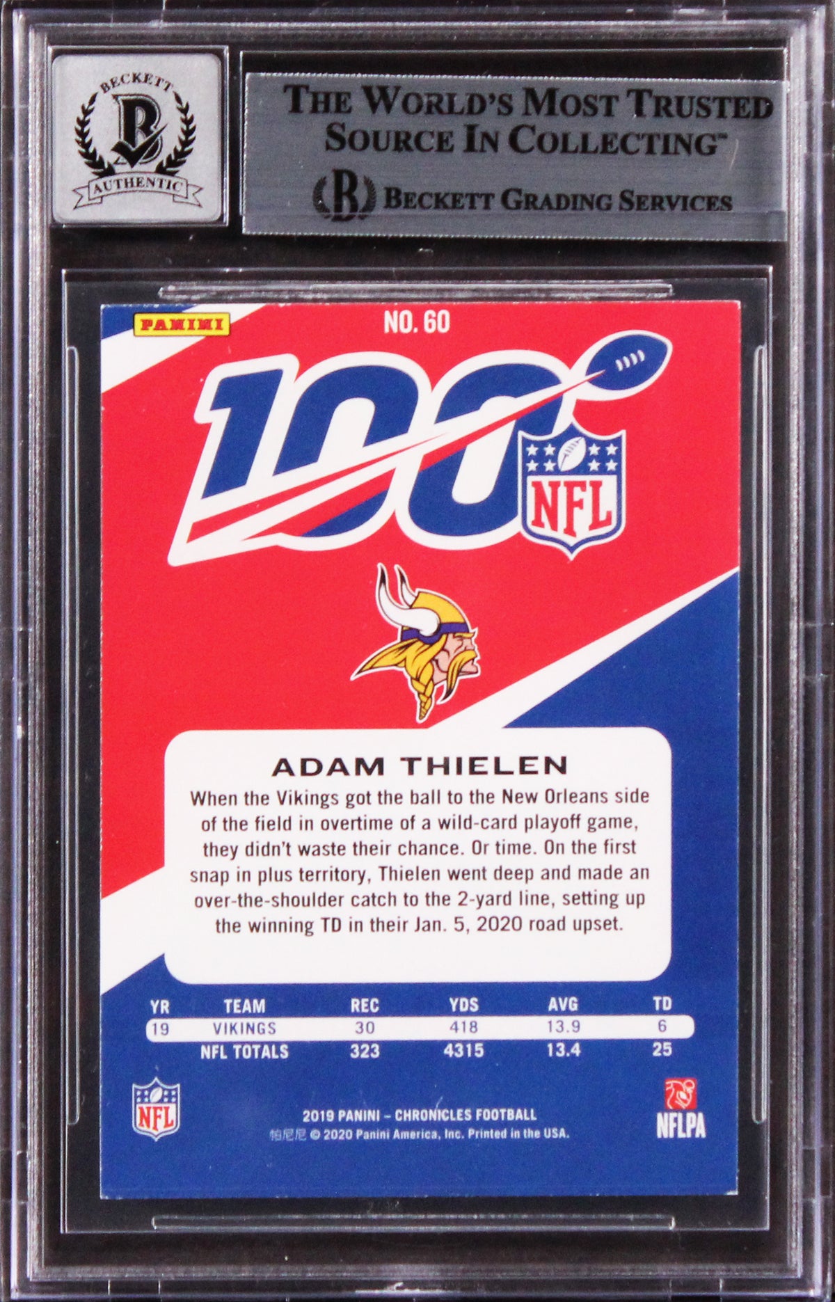 Vikings Adam Thielen Signed 2019 Panini Chronicles #60 Card Auto GM 10! BAS Slab