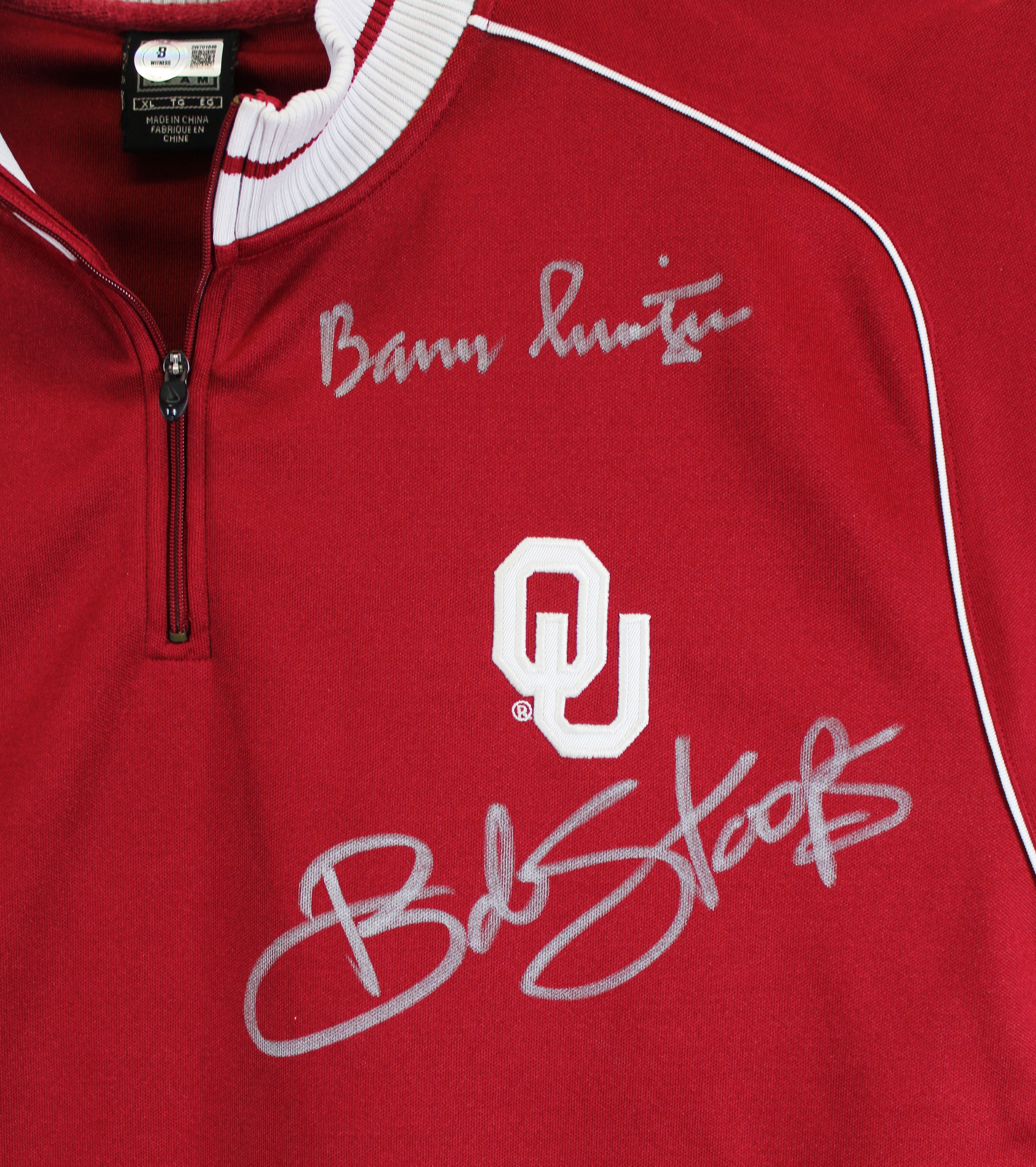 OU Bob Stoops & Barry Switzer Signed Maroon Nike 1/4 Zip Pullover Jacket BAS Wit