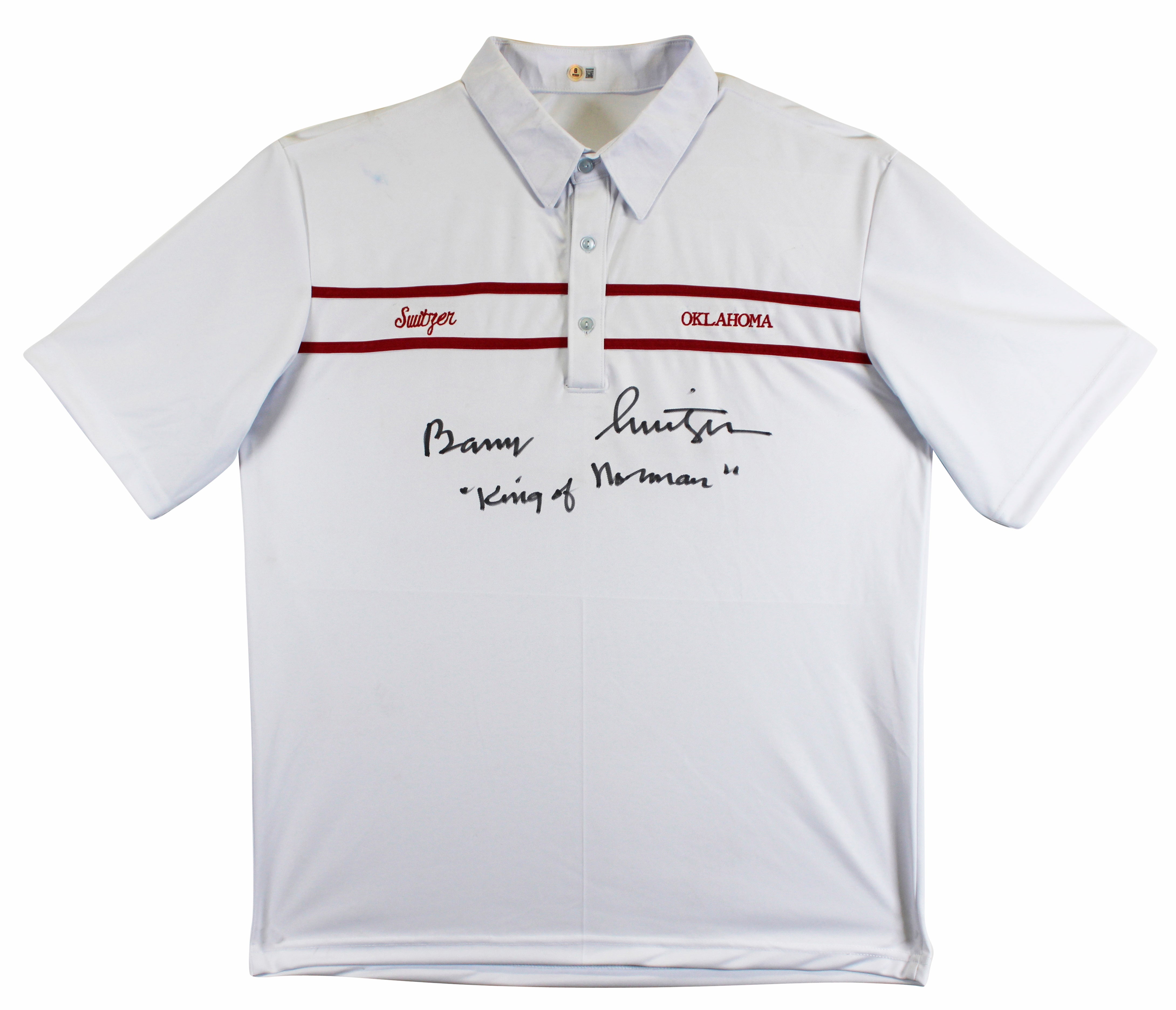 Oklahoma Barry Switzer "King of Norman" Signed White Polo Shirt BAS Witnessed