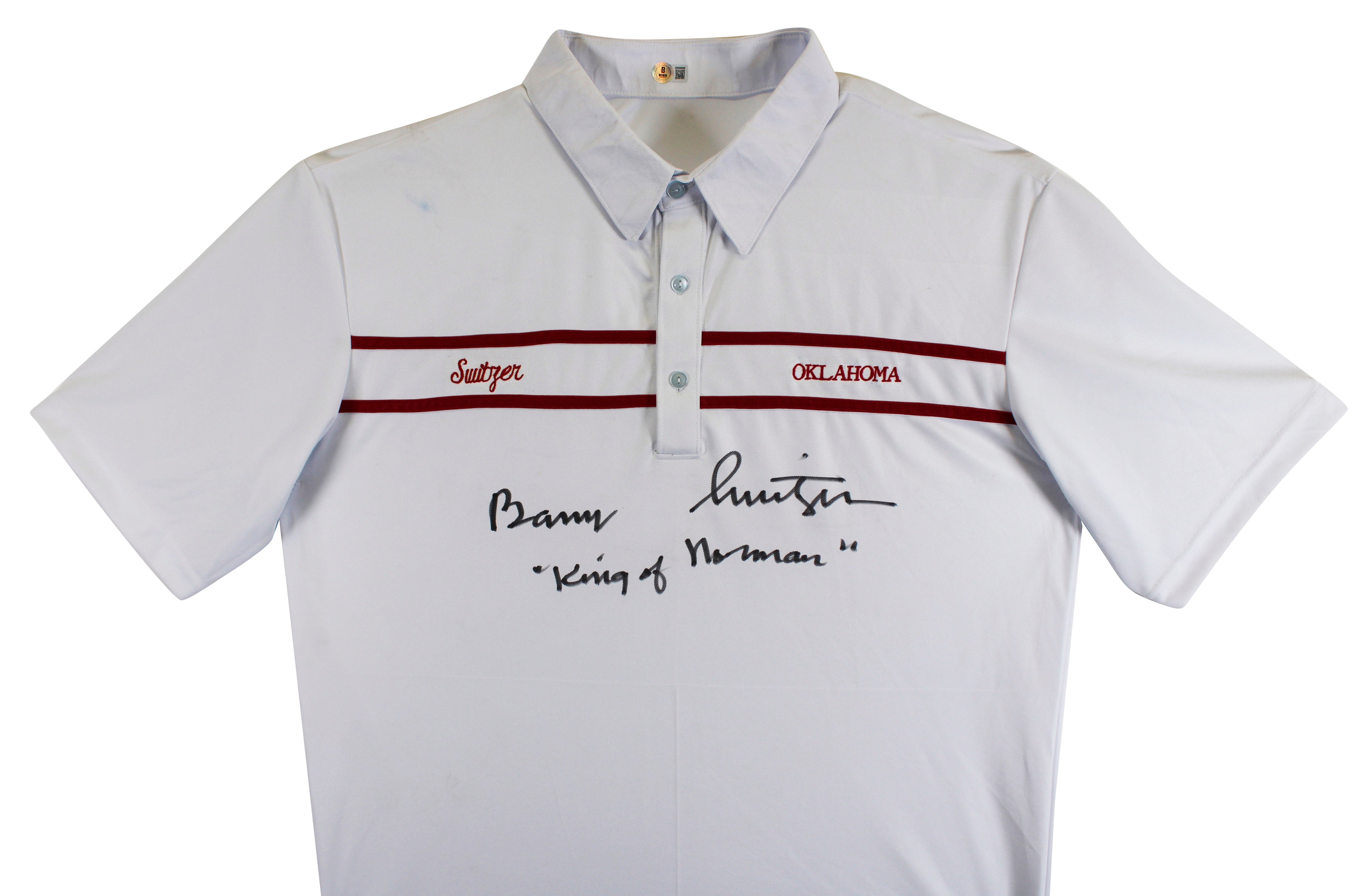 Oklahoma Barry Switzer "King of Norman" Signed White Polo Shirt BAS Witnessed