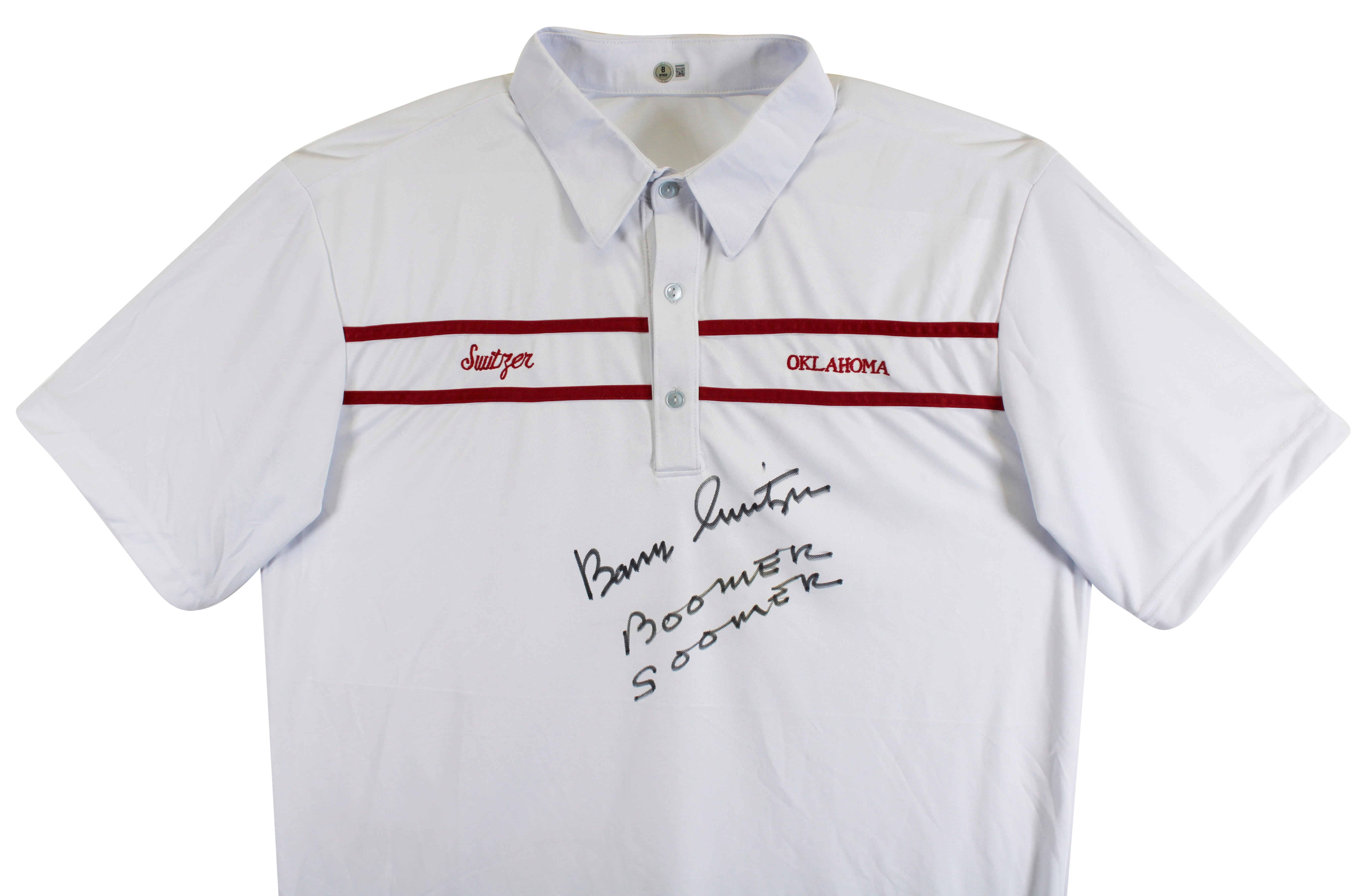 Oklahoma Barry Switzer "Boomer Sooner" Signed White Polo Shirt BAS Witnessed