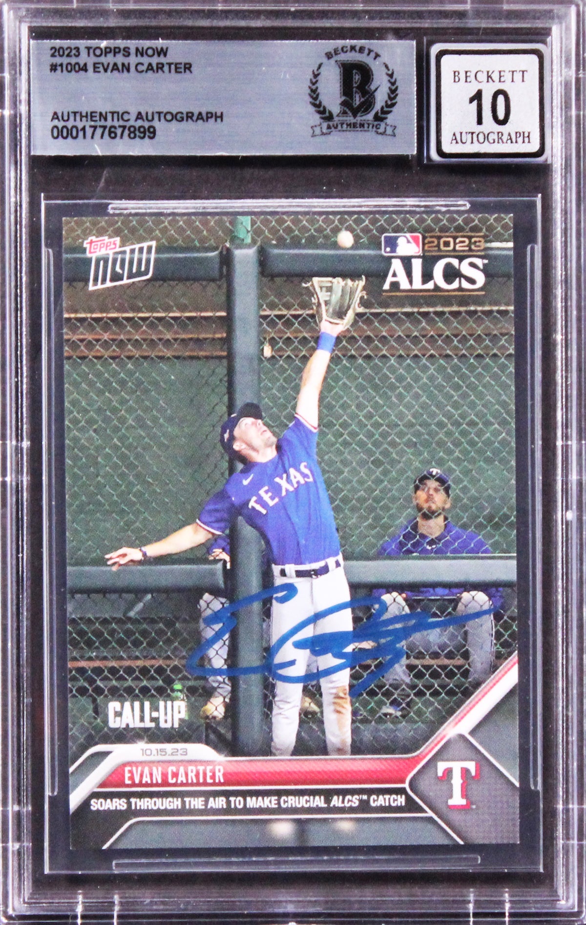 Rangers Evan Carter Signed 2023 Topps Now #1004 Rookie Card Auto 10! BAS Slabbed