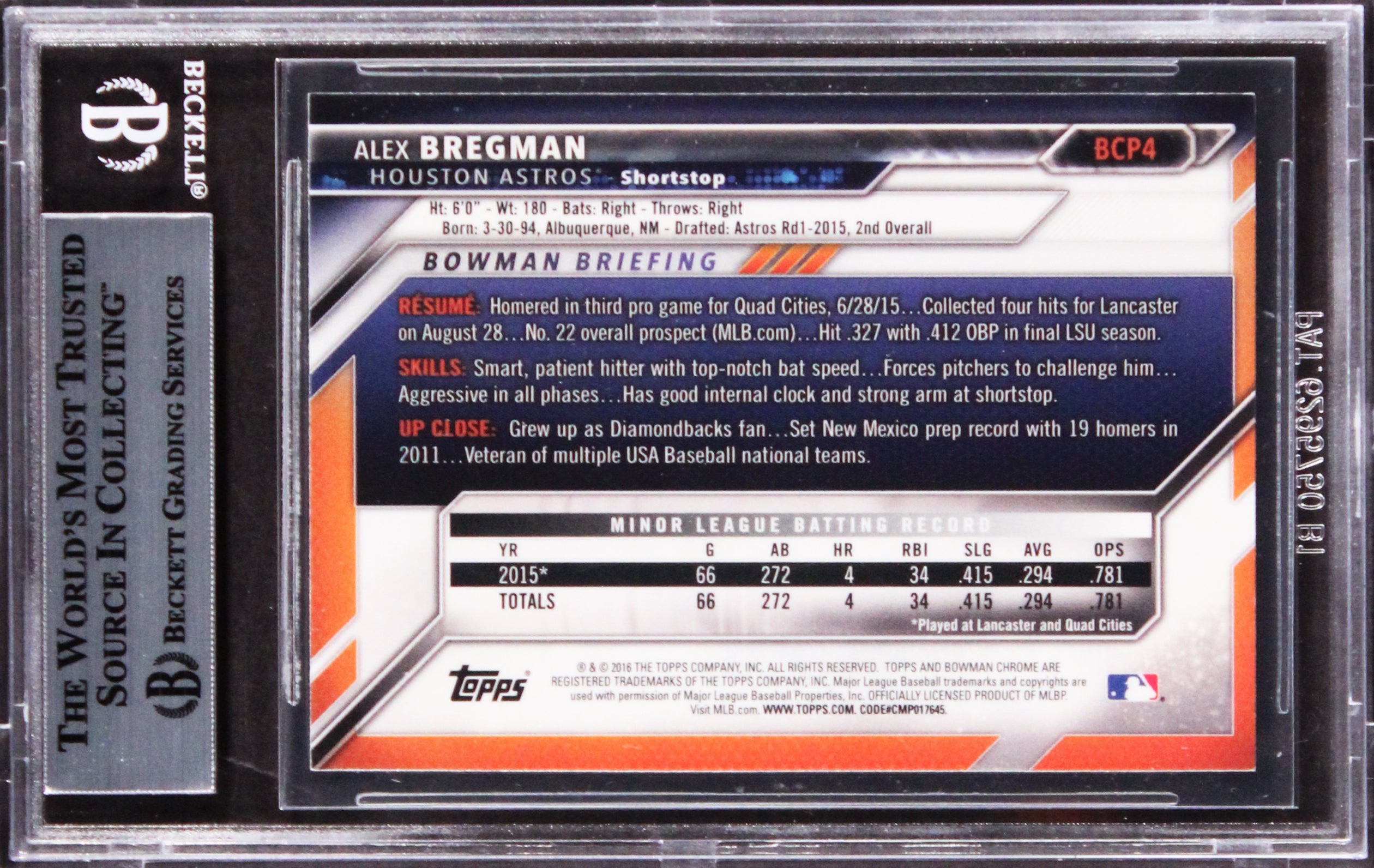 Astros Alex Bregman Signed 2016 Bowman Chrome Prospects #BCP4 RC Card BAS Slab 2