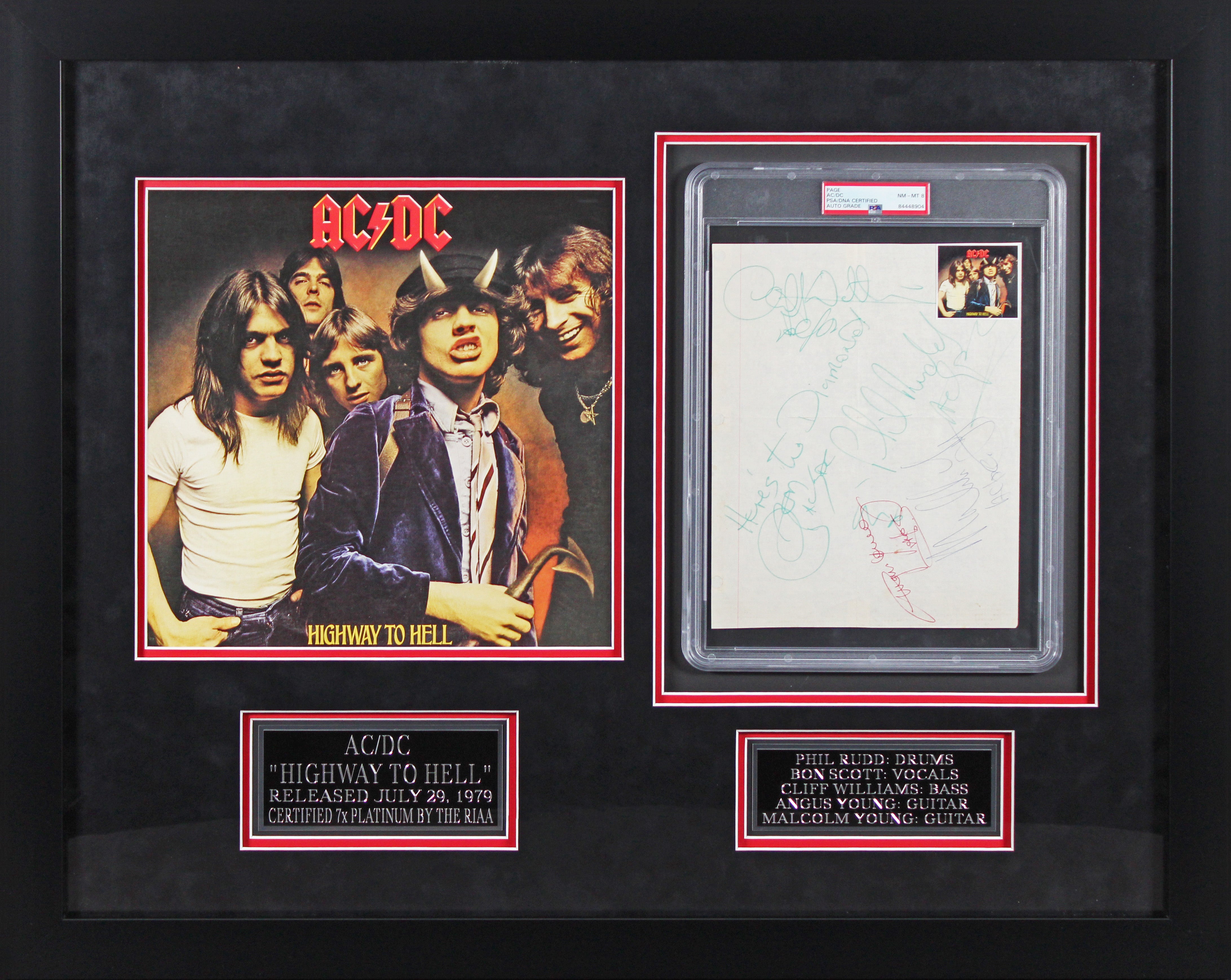 AC/DC (5) Scott, Angus, Malcolm, Rudd & Williams Signed & Framed 8.5x11 Page PSA