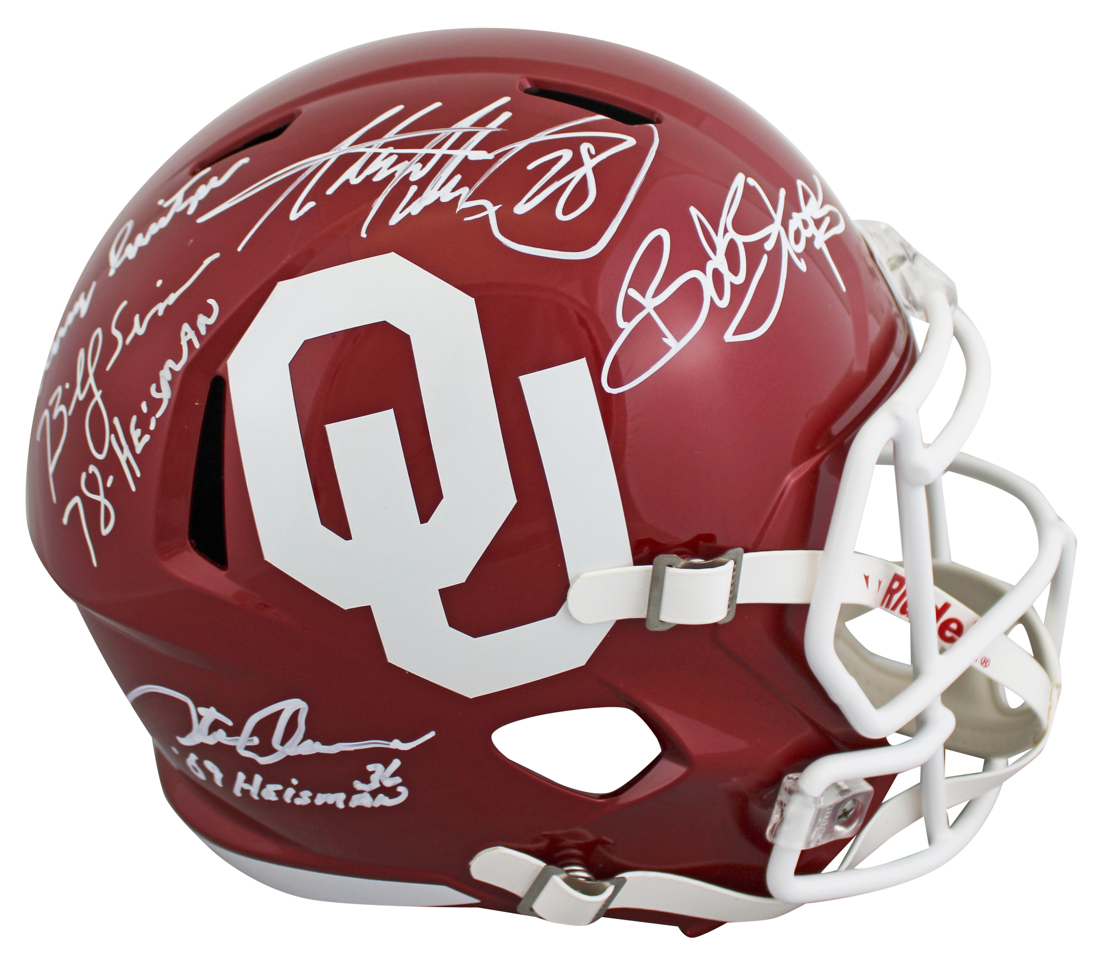 OU Legends (5) Peterson, Stoops +3 Signed F/S Speed Rep Helmet w/ Case BAS Wit