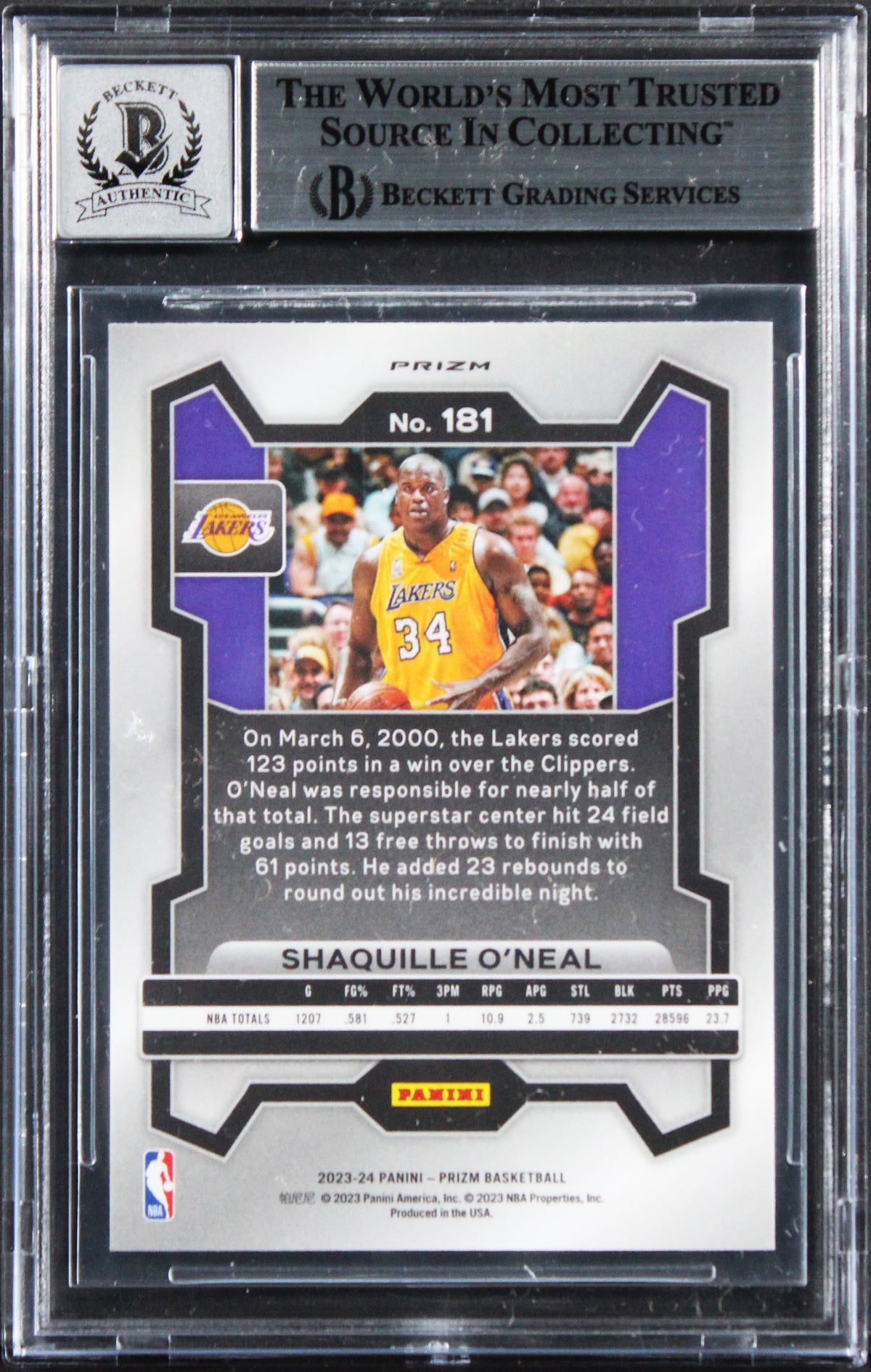 Lakers Shaquille O'Neal Signed 2023 Panini Prizm Ice #181 Card Auto 10! BAS Slab