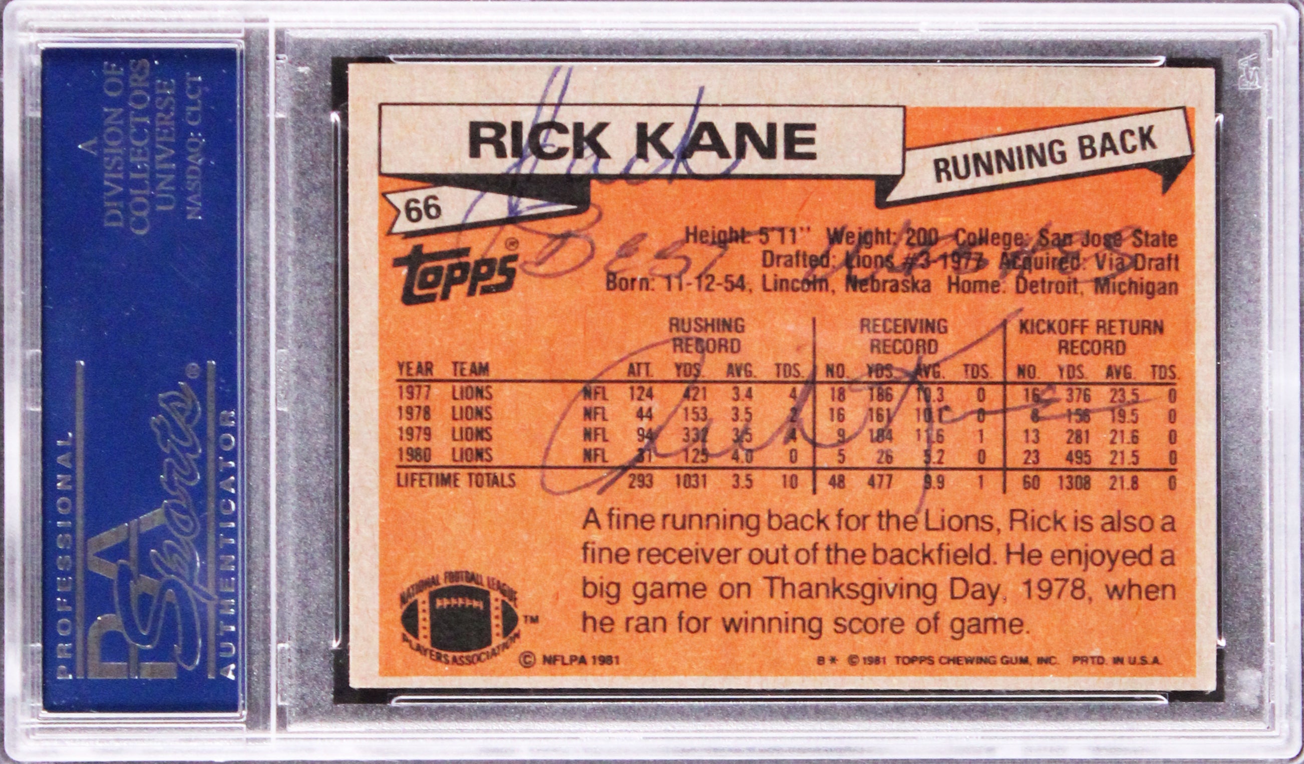 Lions Rick Kane Authentic Dual Signed 1981 Topps #66 Card PSA/DNA Slabbed