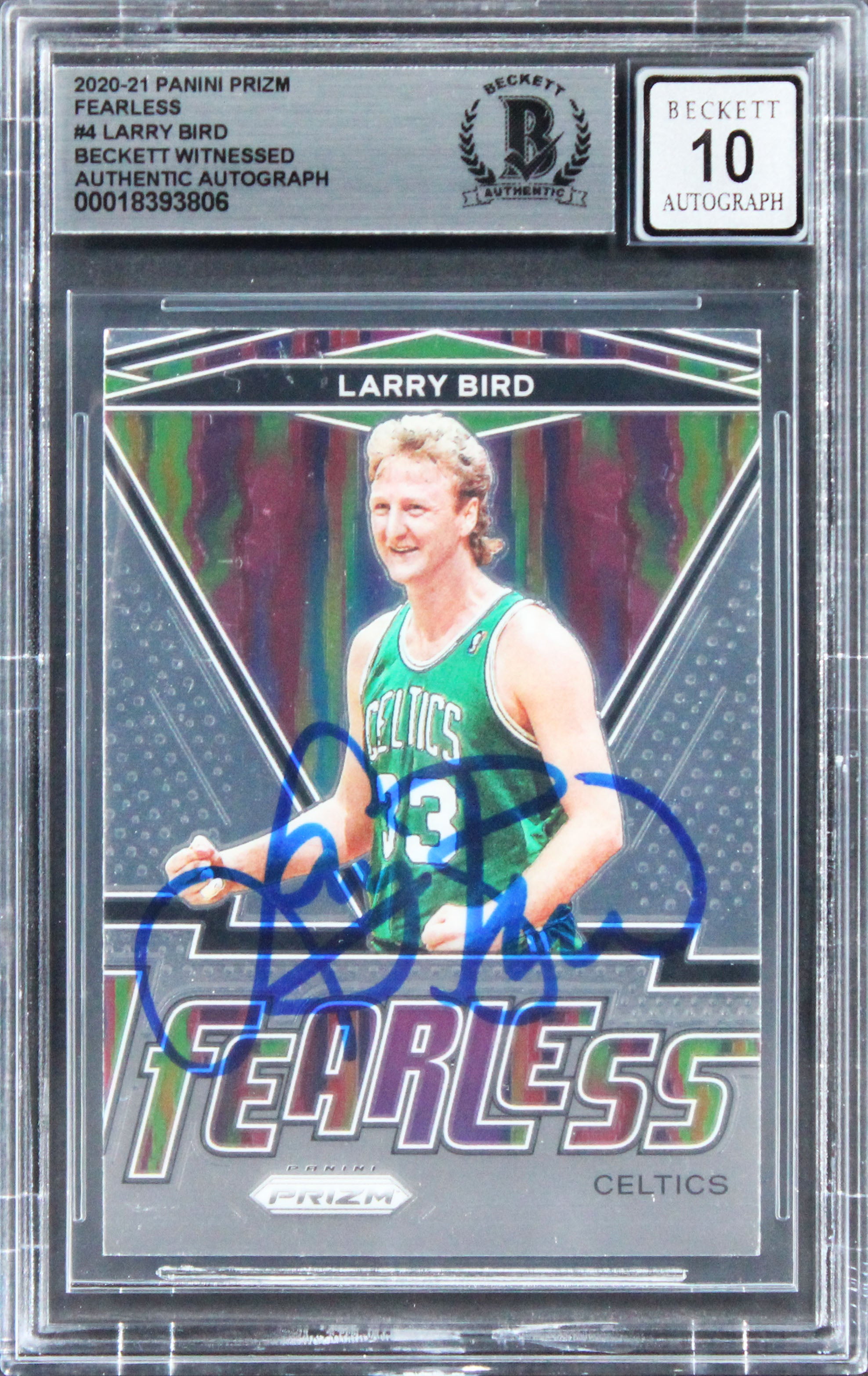 Celtics Larry Bird Signed 2020 Panini Prizm Fearless #4 Card Auto 10! BAS Slab